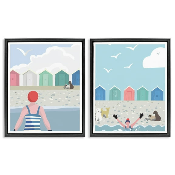Stupell Industries Beach Changing Huts Dogs Nautical & Beach Painting Black Floater Framed Canvas Art Print Wall Art, 17 x 21, Set of 2