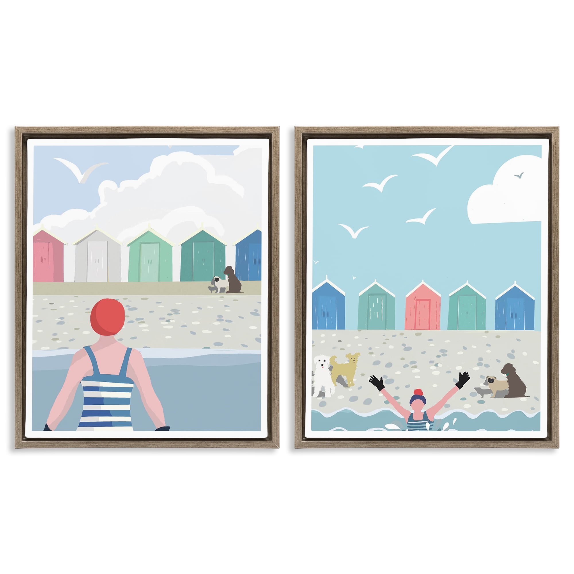 Stupell Industries Beach Changing Huts Dogs Nautical & Beach Painting Brown Floater Framed Canvas Art Print Wall Art, 31 x 25, Set of 2