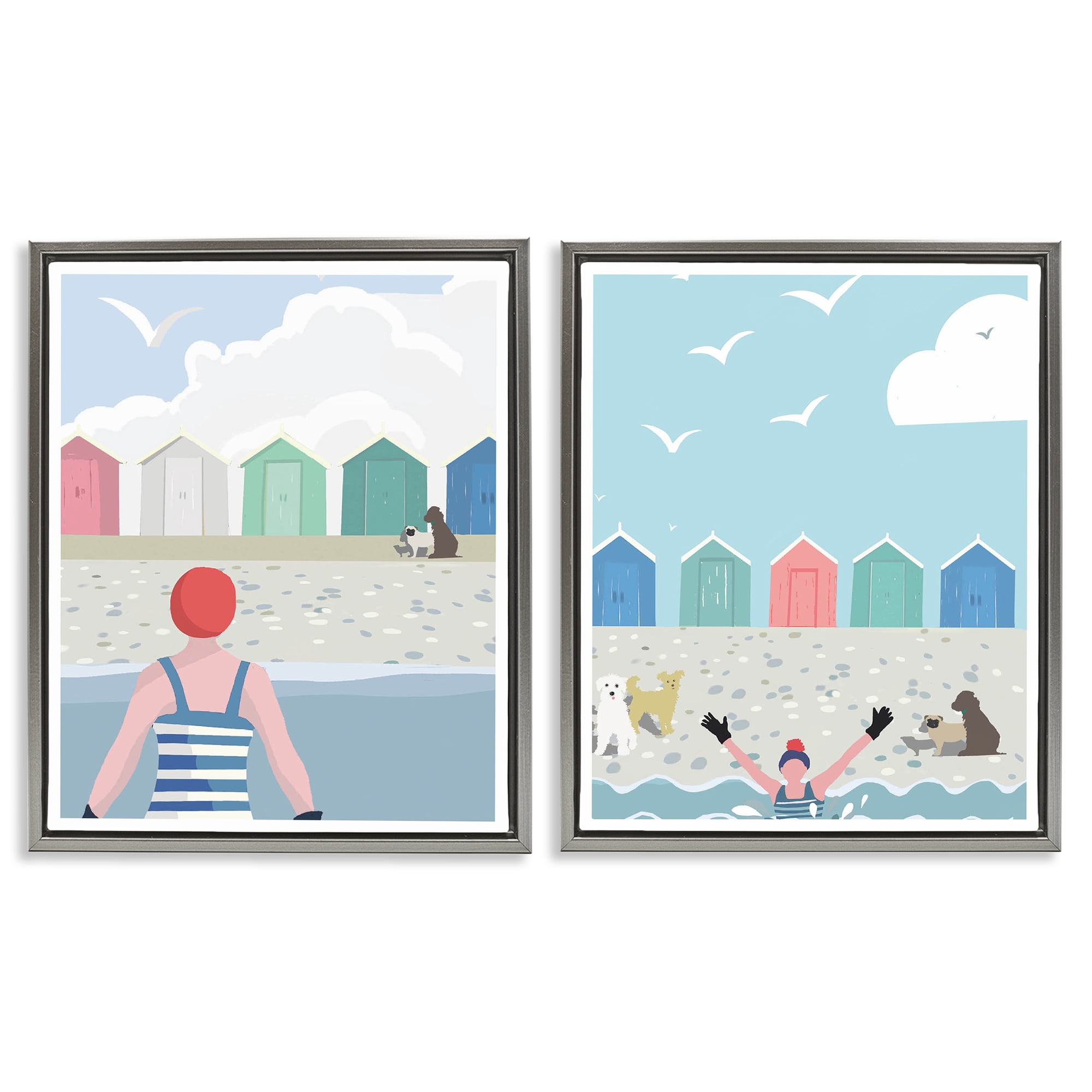 Stupell Industries Beach Changing Huts Dogs Nautical & Beach Painting Gray Floater Framed Canvas Art Print Wall Art, 31 x 25, Set of 2