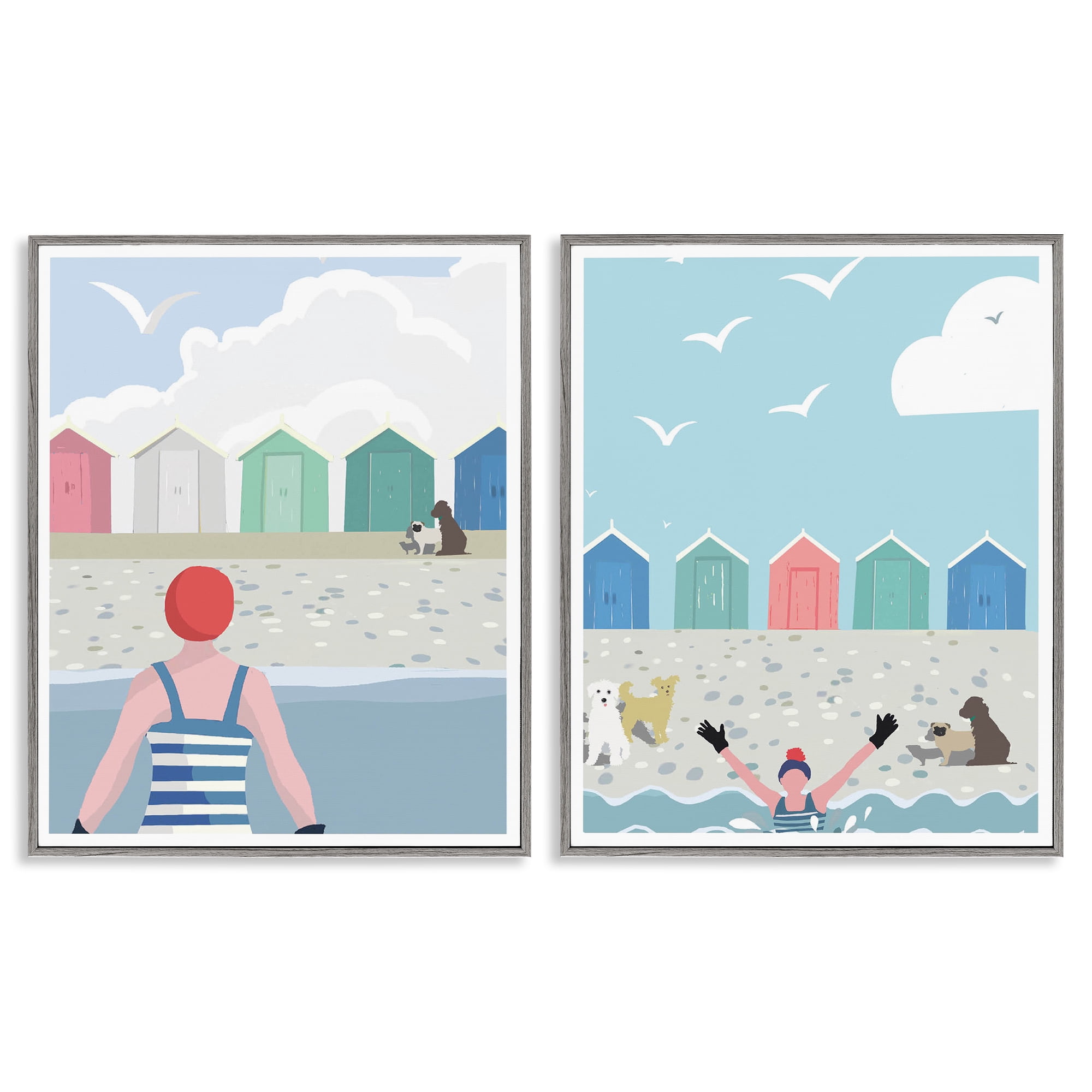 Stupell Industries Beach Changing Huts Dogs Nautical & Beach Painting Gray Framed Art Print Wall Art, 11 x 14, Set of 2