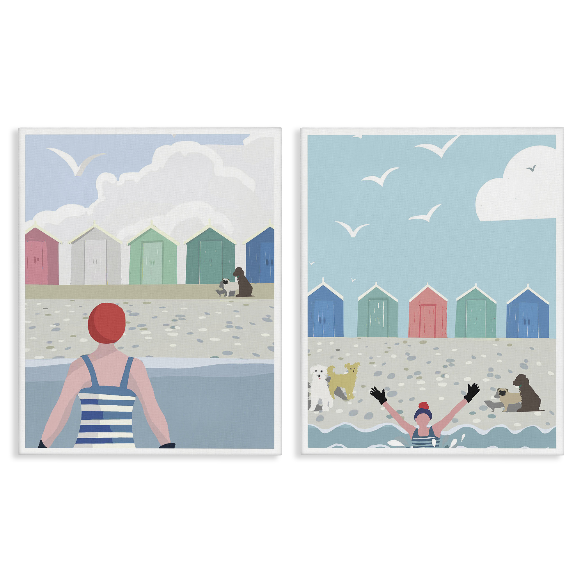 Stupell Industries Beach Changing Huts Dogs Nautical & Beach Painting Wrapped Canvas Art Print Wall Art, 16 x 20, Set of 2