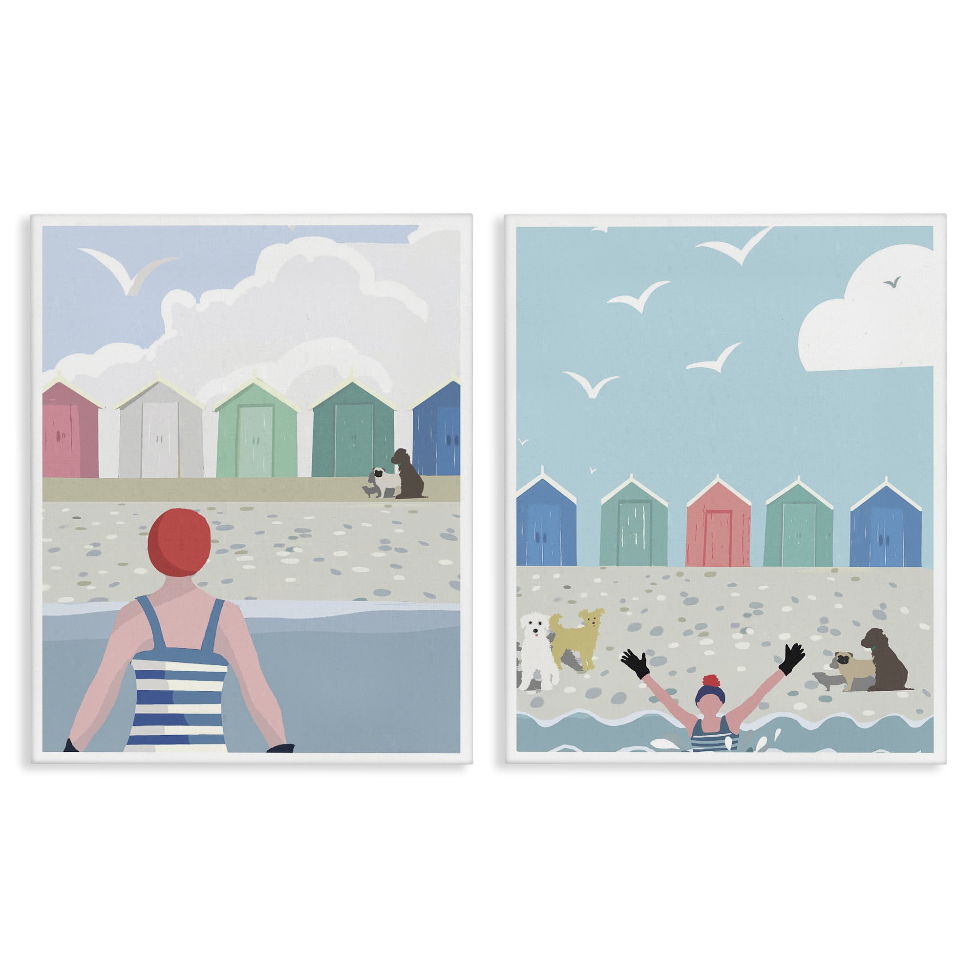 Stupell Industries Beach Changing Huts Dogs Nautical & Beach Painting Wrapped Canvas Art Print Wall Art, 24 x 30, Set of 2