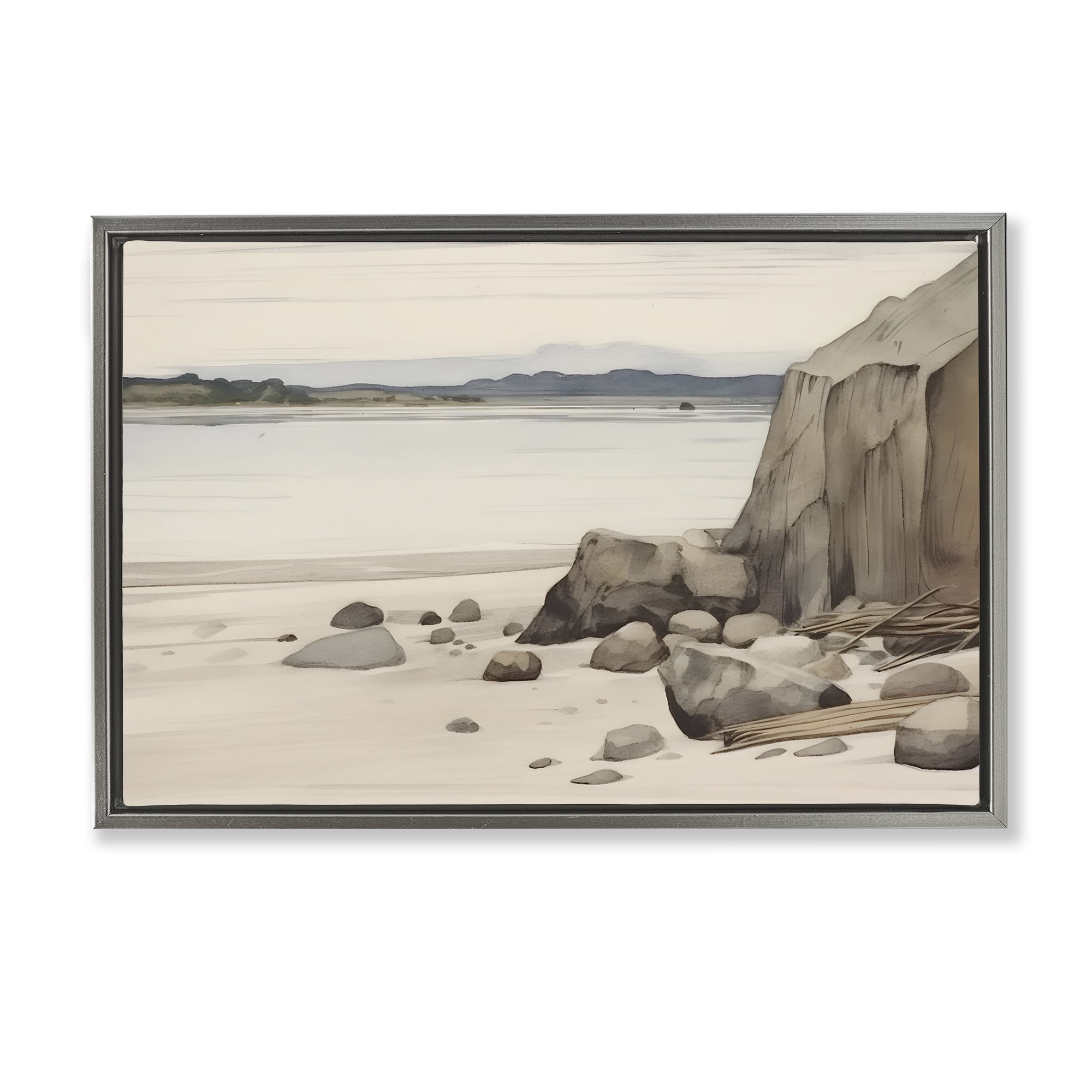 Stupell Industries Beach Cliff View Landscape & Nature Painting Gray Floater Framed Canvas Art Print Wall Art, 25 x 17