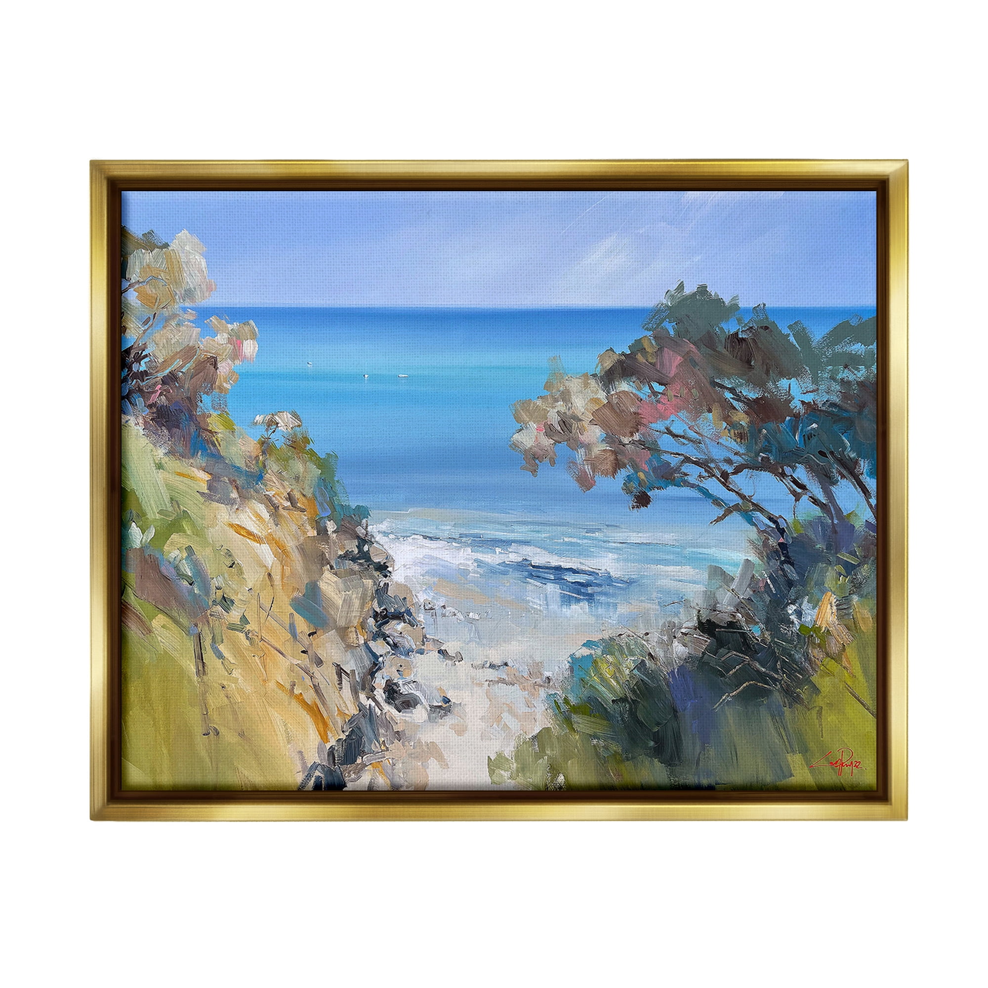 Stupell Industries Beach Cliffs Abstraction Landscape Painting Gold Floater Framed Canvas Art Print Wall Art, 31 x 25
