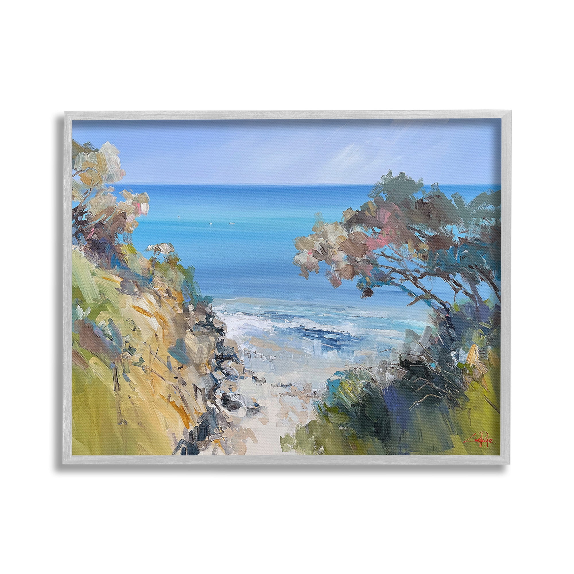 Stupell Industries Beach Cliffs Abstraction Landscape Painting Gray Framed Art Print Wall Art, 30 x 24