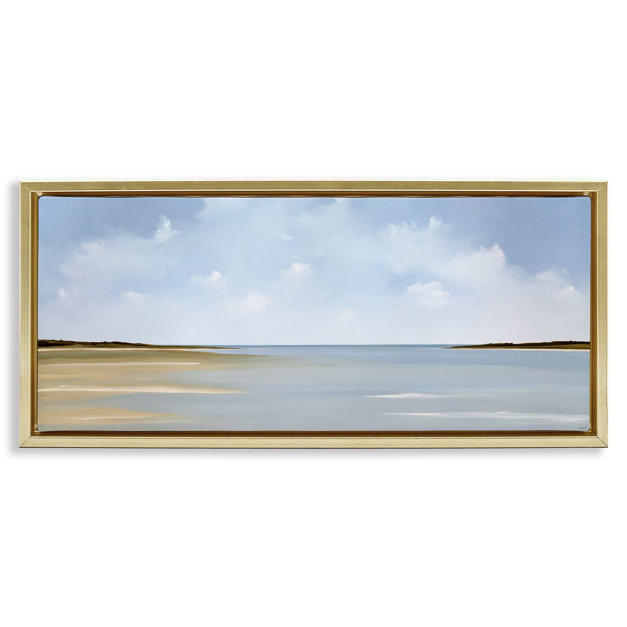 Stupell Industries Beach Clouds Landscape Landscape Painting Gold Floater Framed Canvas Art Print Wall Art, 31 x 14