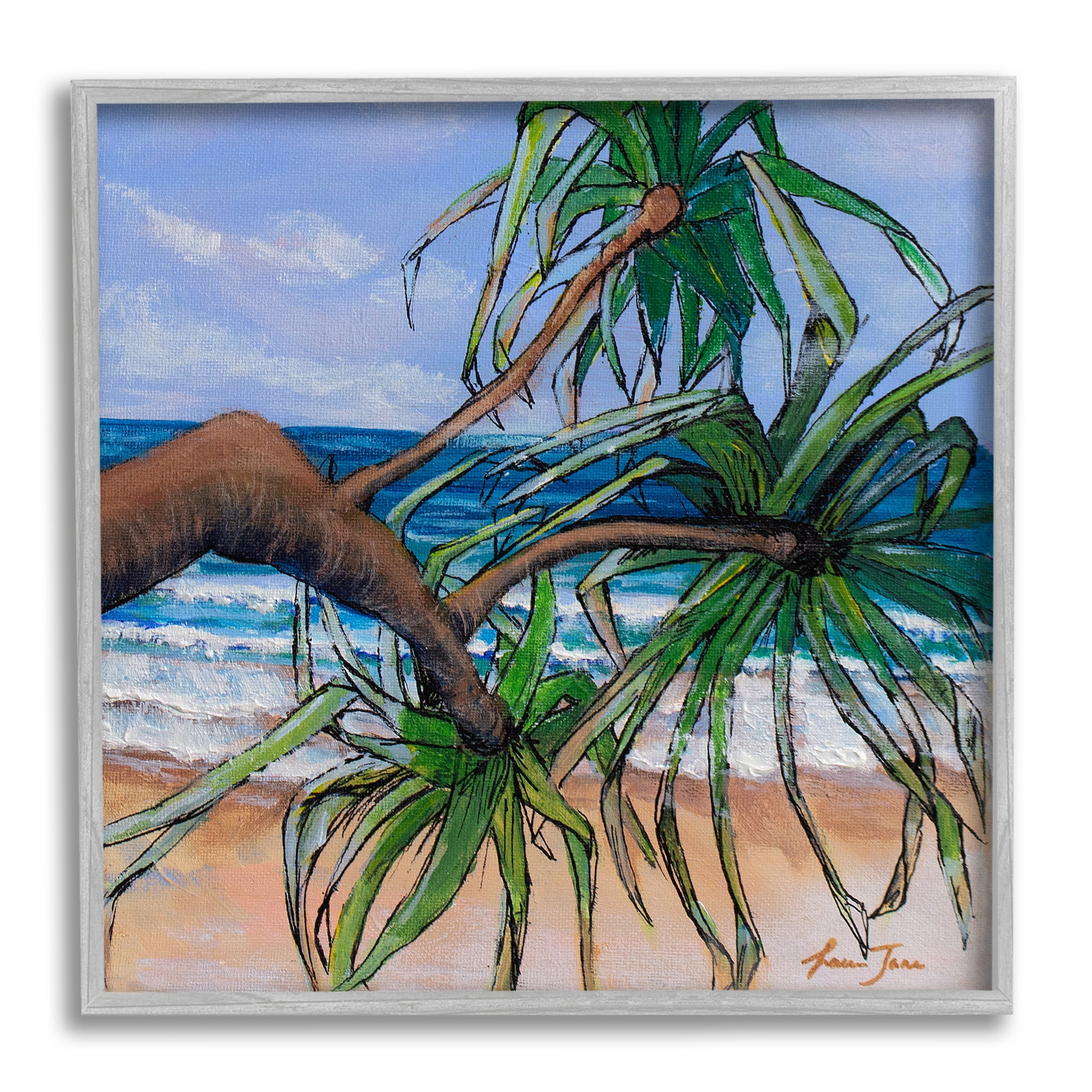 Stupell Industries Beach Coast Palm Tree Leaning Plant Ocean Painting, 12 x  12, Design by Lauren Jane, image size:2000x2000