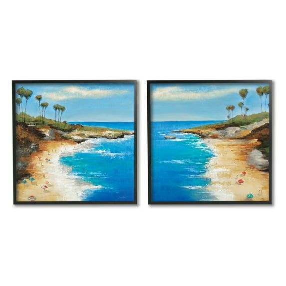 Stupell Industries Beach Cove Landscape Nature Painting Black Framed Art Print Wall Art, 17 x 17, Set of 2