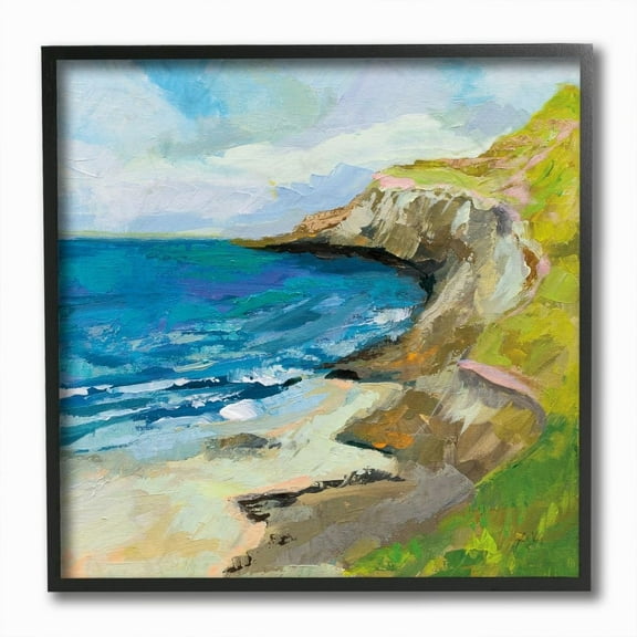 Stupell Industries Beach Cove and Cliff Abstract Waves Blue Green Painting Framed Wall Art Design by Jeanette Vertentes, 12" x 12", Black Framed