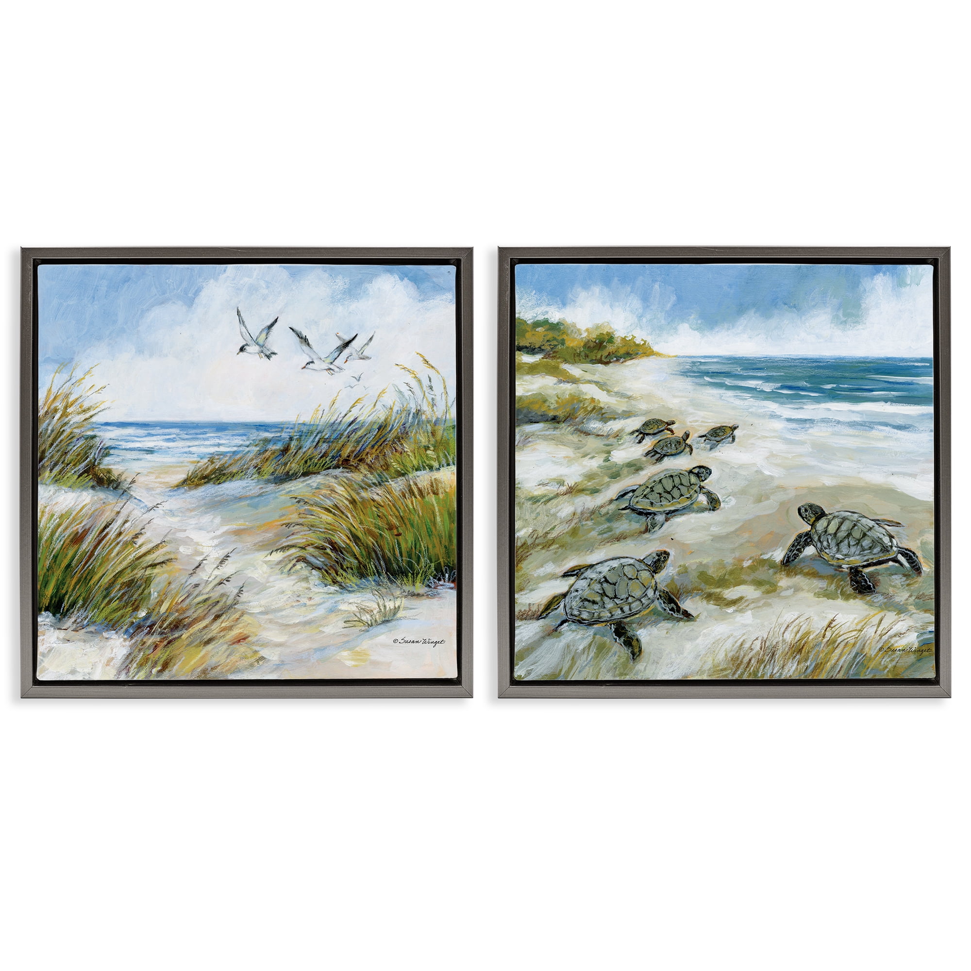 Stupell Industries Beach Creatures on Dunes 2 Piece Gray Framed Floater Canvas Set, design by Susan Winget