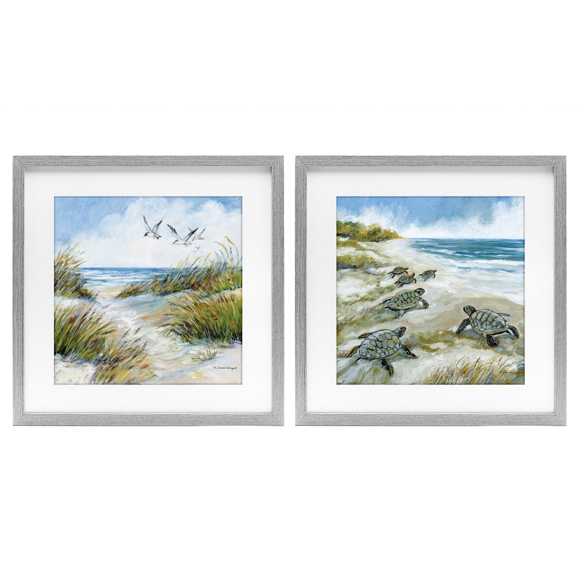 Stupell Industries Beach Creatures on Dunes 2 Piece Gray Framed Print Under Glass Set, design by Susan Winget