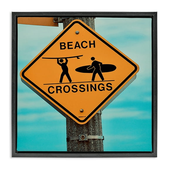 Stupell Industries Beach Crossing Sign Nautical & Beach Photography Black Floater Framed Canvas Art Print Wall Art, 18 x 18