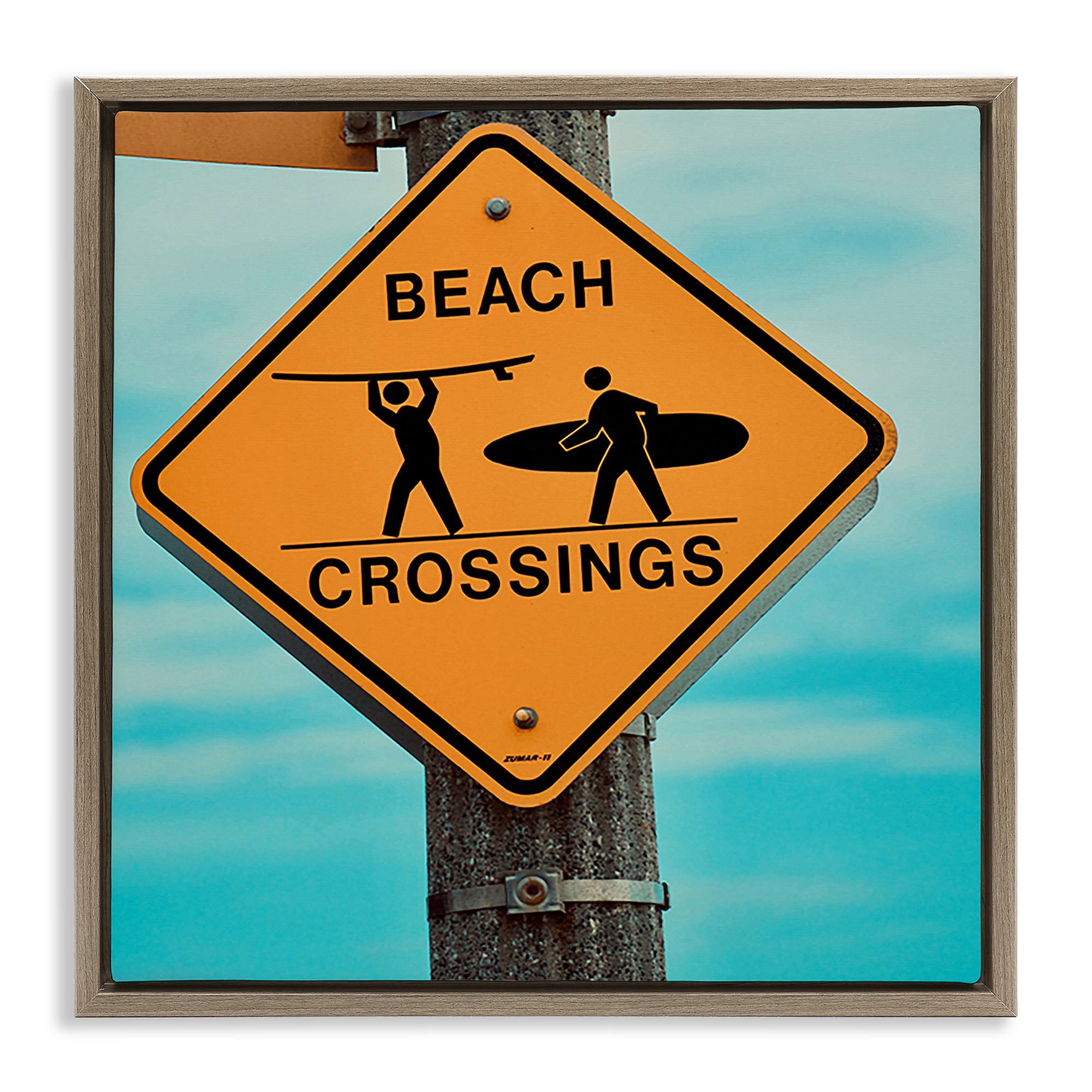 Stupell Industries Beach Crossing Sign Nautical & Beach Photography Brown Floater Framed Canvas Art Print Wall Art, 25 x 25