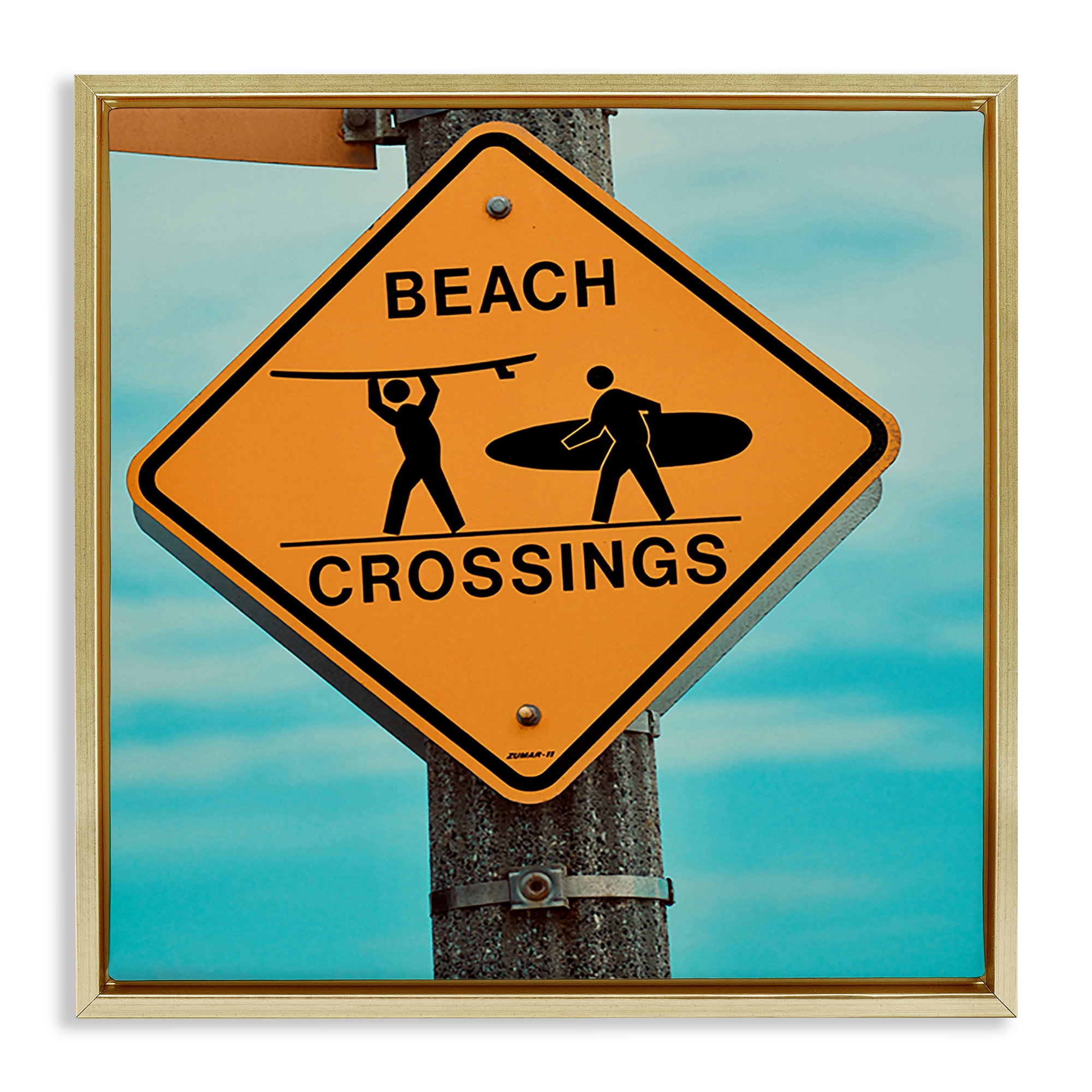 Stupell Industries Beach Crossing Sign Nautical & Beach Photography Gold Floater Framed Canvas Art Print Wall Art, 18 x 18