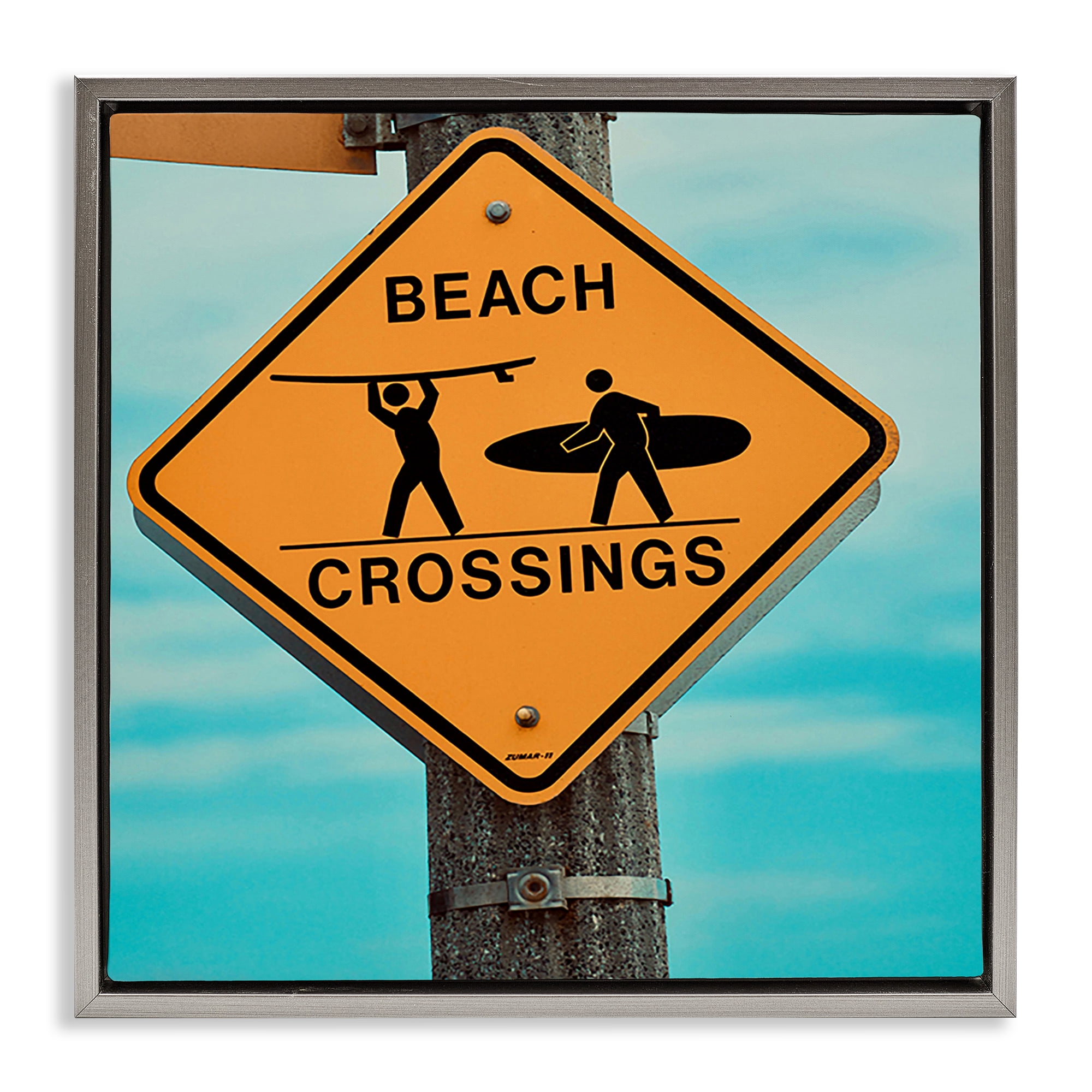 Stupell Industries Beach Crossing Sign Nautical & Beach Photography Gray Floater Framed Canvas Art Print Wall Art, 18 x 18
