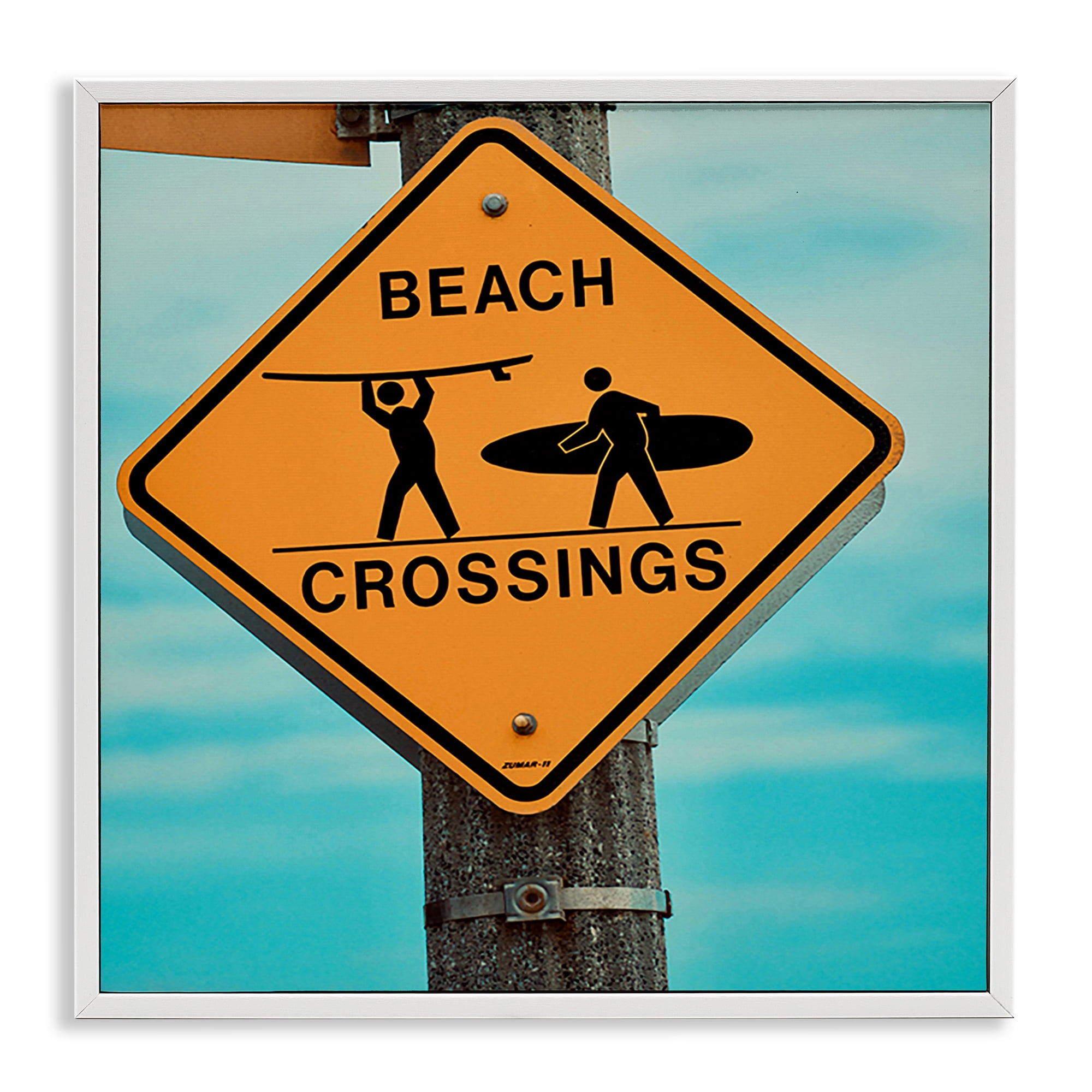 Stupell Industries Beach Crossing Sign Nautical & Beach Photography White Framed Art Print Wall Art, 17 x 17