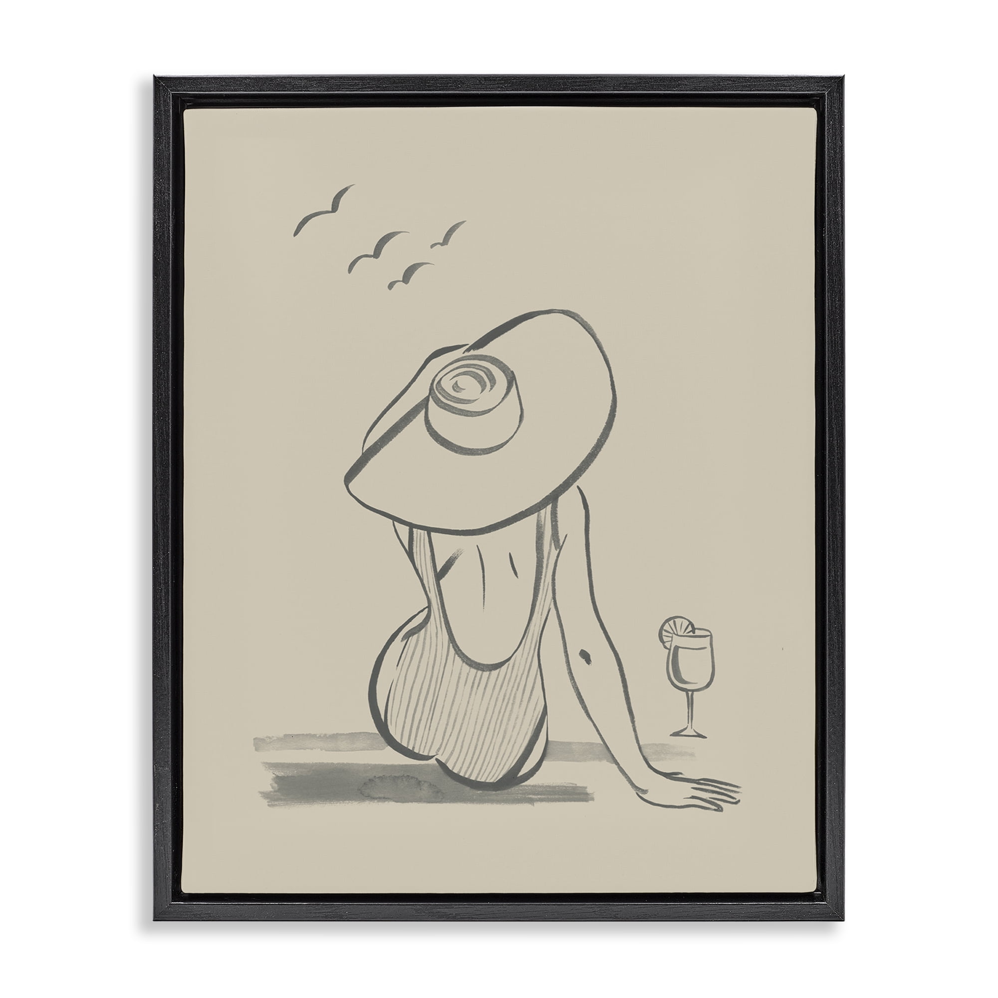 Stupell Industries Beach Day Drawing Novelty Drawing Black Floater Framed Canvas Art Print Wall Art, 17 x 21