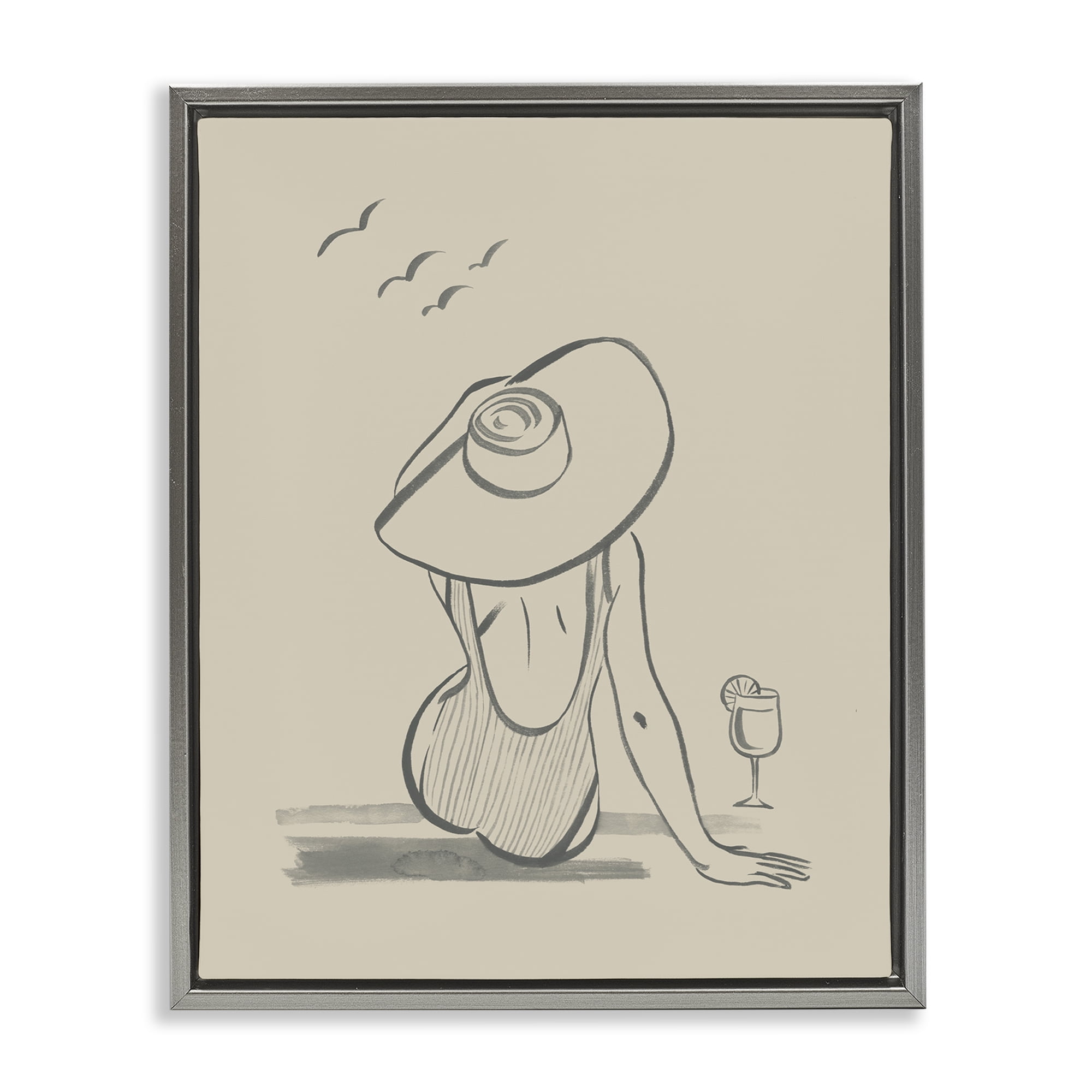 Stupell Industries Beach Day Drawing Novelty Drawing Gray Floater Framed Canvas Art Print Wall Art, 17 x 21