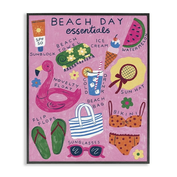 Stupell Industries Beach Day Essentials Nautical & Beach Painting Black Framed Art Print Wall Art, 11 x 14