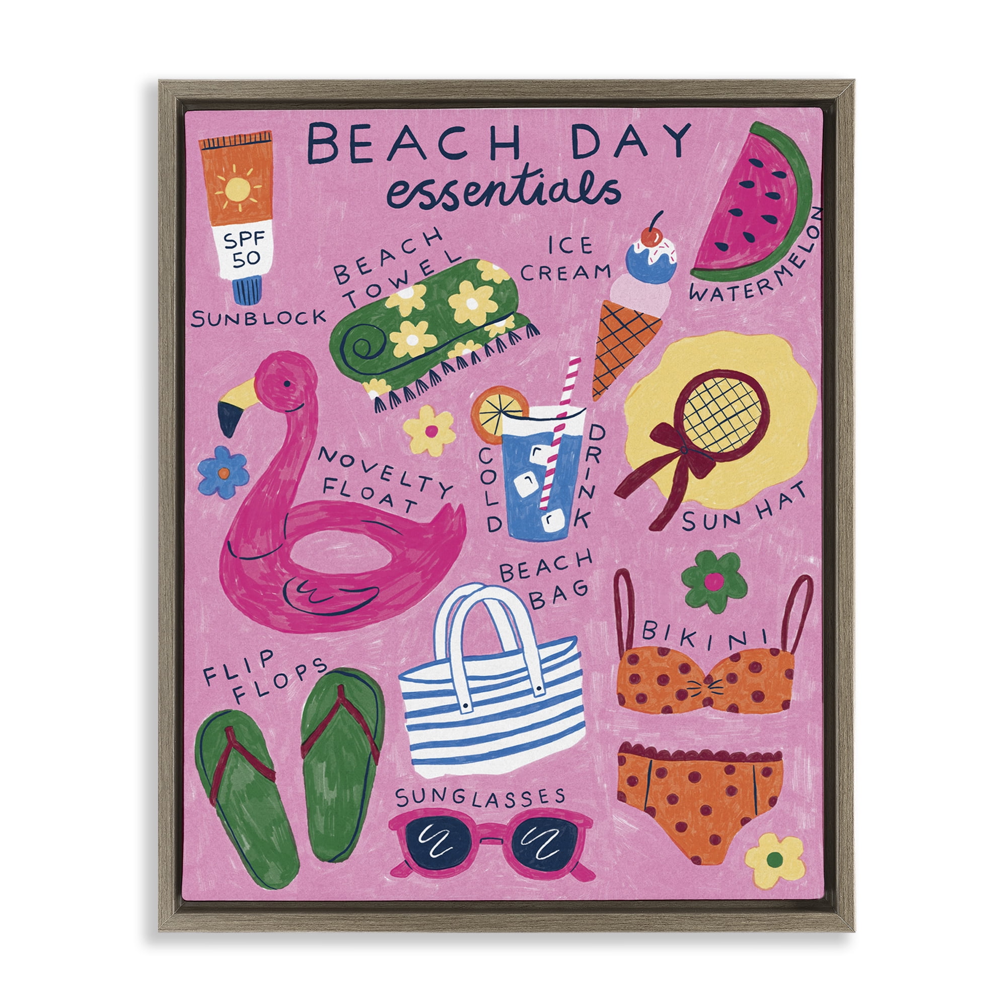 Stupell Industries Beach Day Essentials Nautical & Beach Painting Brown Floater Framed Canvas Art Print Wall Art, 25 x 31
