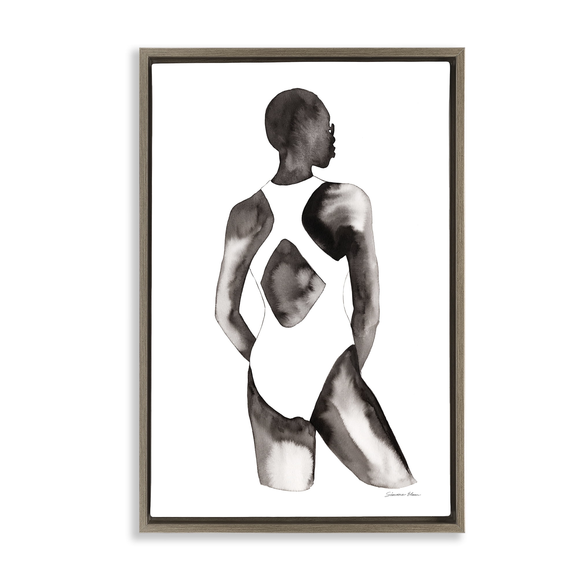 Stupell Industries Beach Day Swimsuit Silhouette Brown Framed Floater Canvas Wall Art, design by Simone Elum