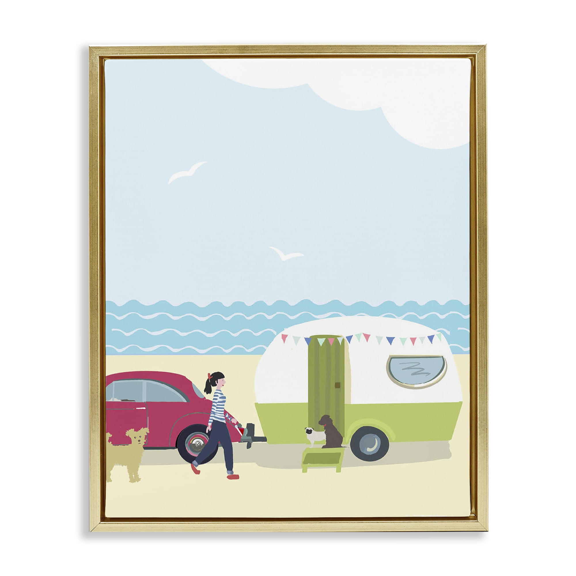 Stupell Industries Beach Day with Dogs Nautical & Beach Painting Gold Floater Framed Canvas Art Print Wall Art, 17 x 21