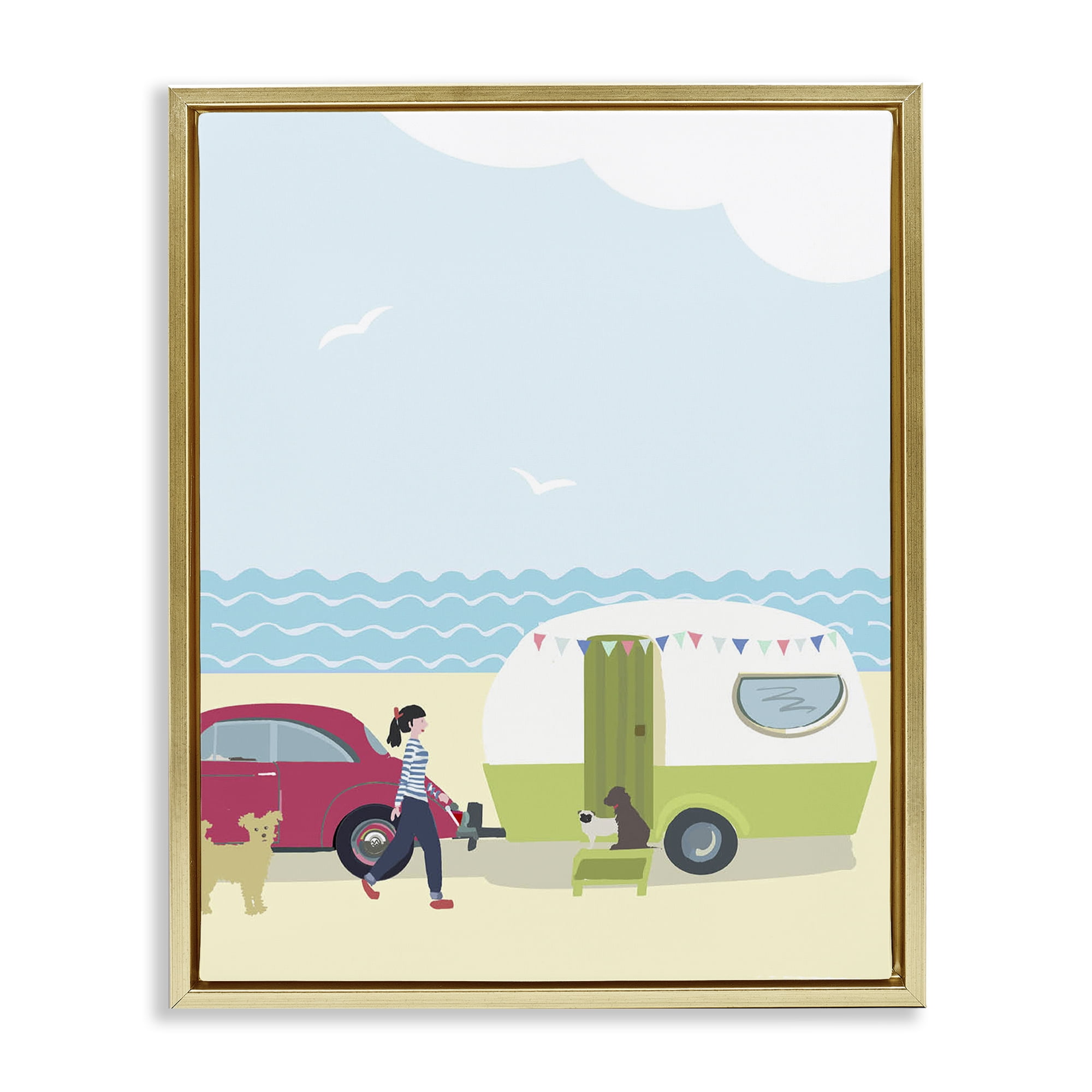 Stupell Industries Beach Day with Dogs Nautical & Beach Painting Gold Floater Framed Canvas Art Print Wall Art, 25 x 31