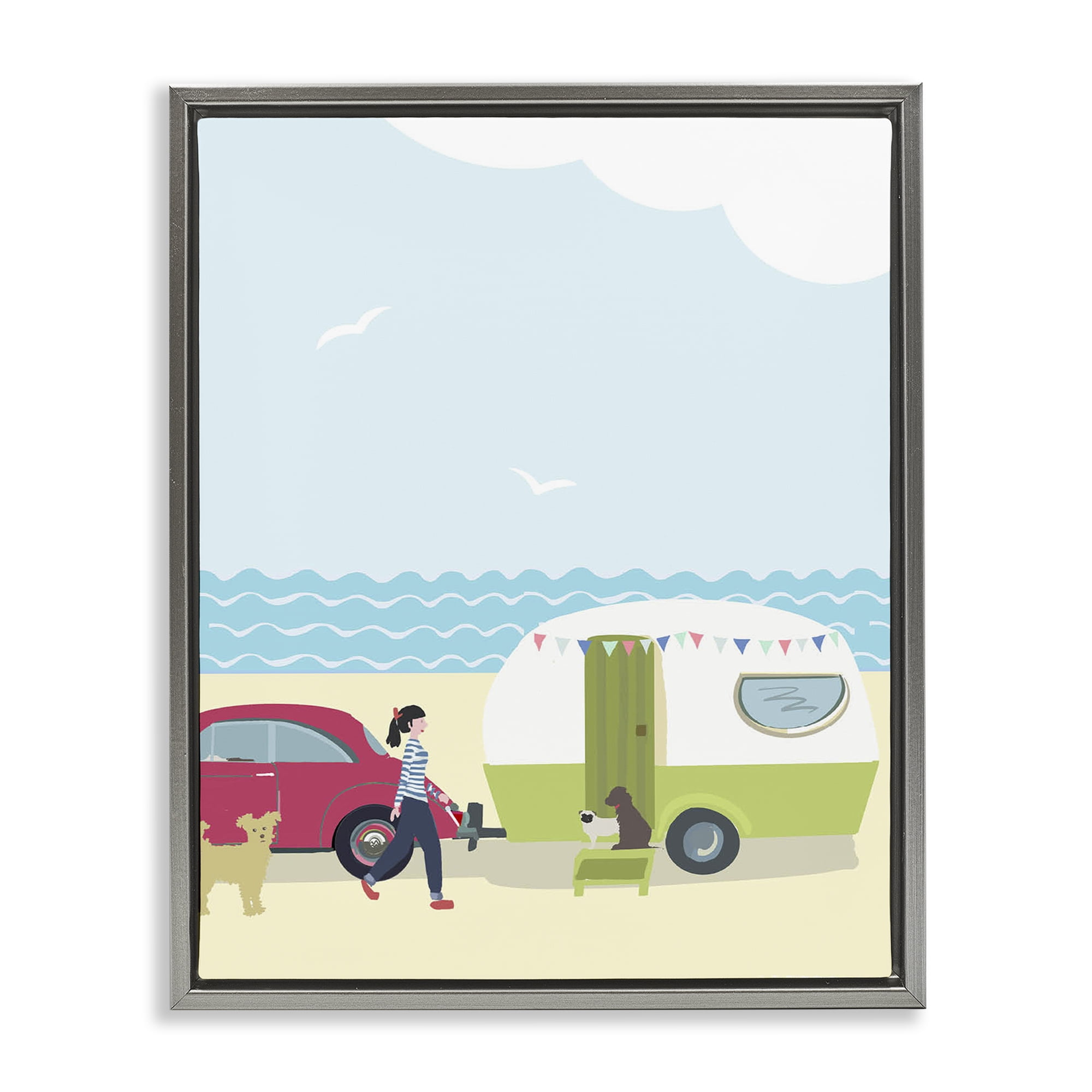 Stupell Industries Beach Day with Dogs Nautical & Beach Painting Gray Floater Framed Canvas Art Print Wall Art, 25 x 31