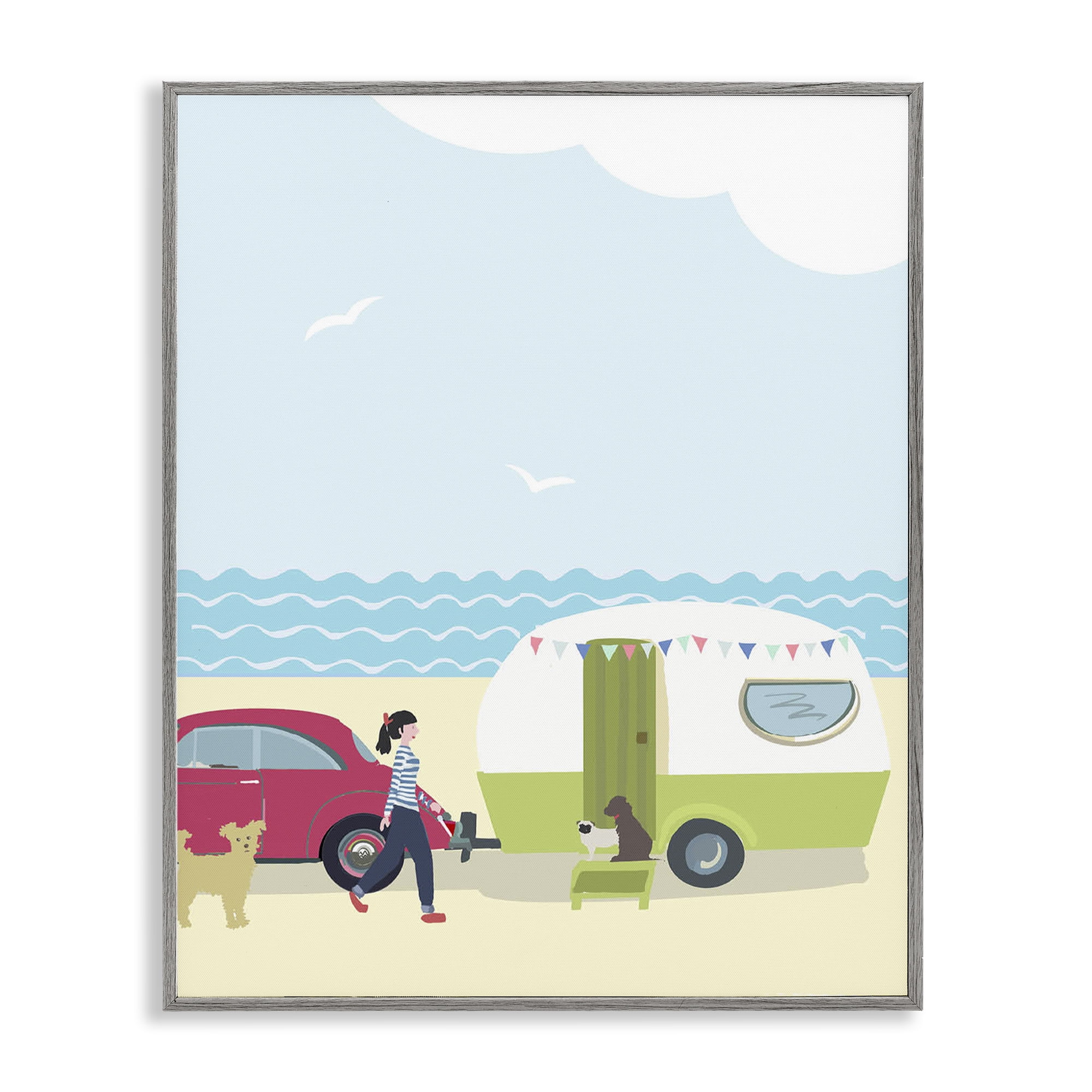 Stupell Industries Beach Day with Dogs Nautical & Beach Painting Gray Framed Art Print Wall Art, 24 x 30