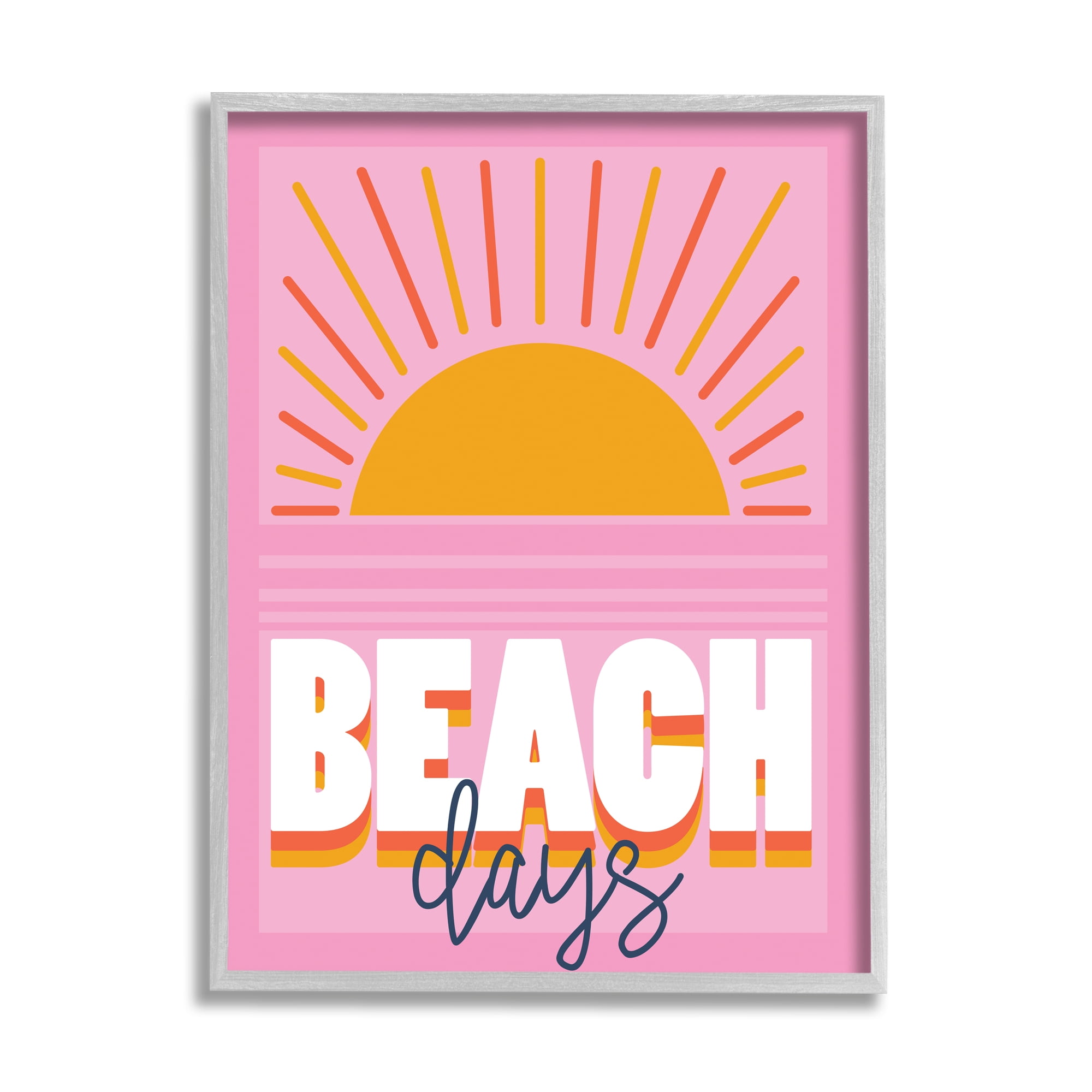 Stupell Industries Beach Days Quote Rising Sun Ray Horizon Pink Graphic Art Gray Framed Art Print Wall Art, 11x14, by Angela Nickeas