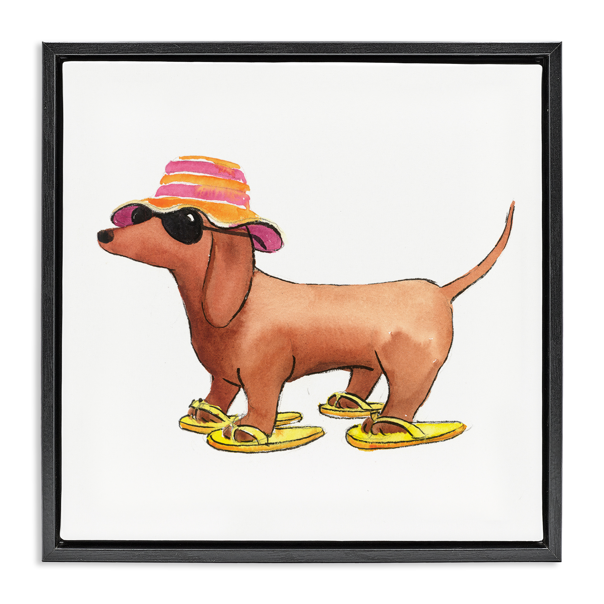 Stupell Industries Beach Dog Flip Flops Animals Painting Black Floater Framed Canvas Art Print Wall Art, 18 x 18