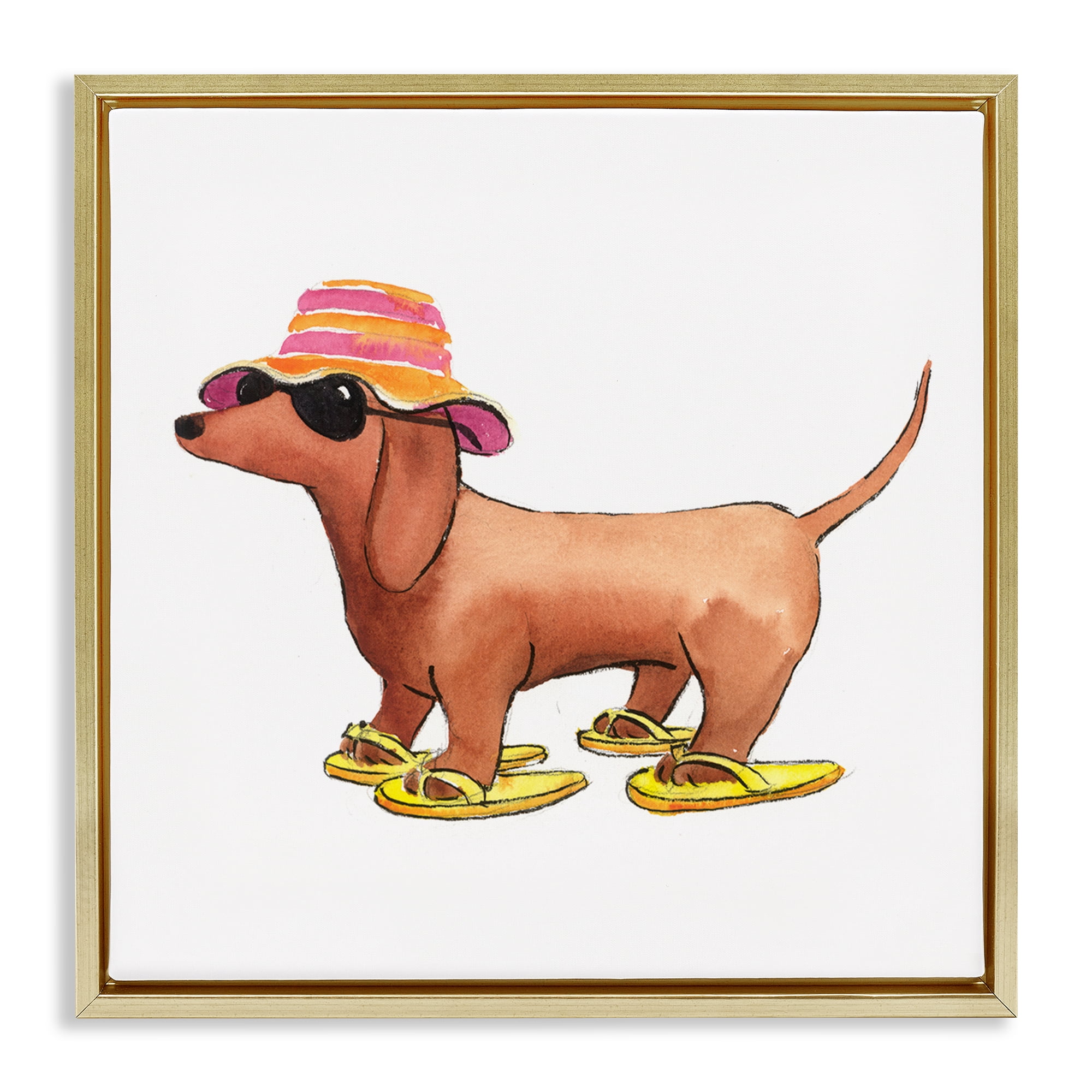 Stupell Industries Beach Dog Flip Flops Animals Painting Gold Floater Framed Canvas Art Print Wall Art, 18 x 18