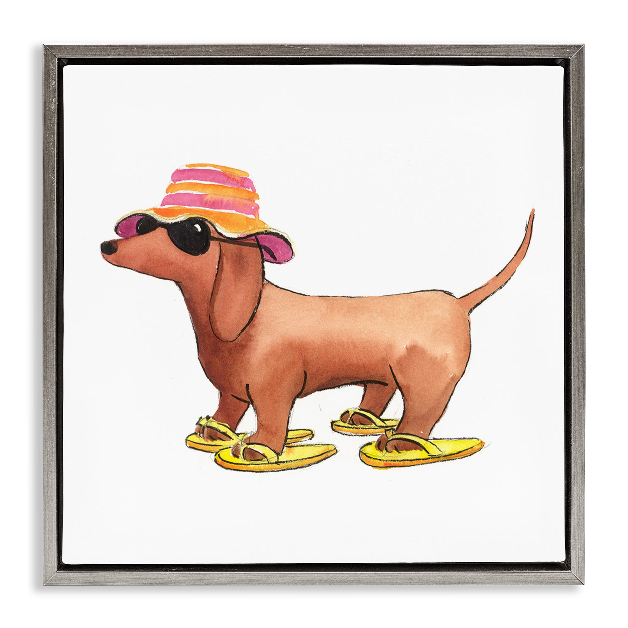 Stupell Industries Beach Dog Flip Flops Animals Painting Gray Floater Framed Canvas Art Print Wall Art, 18 x 18