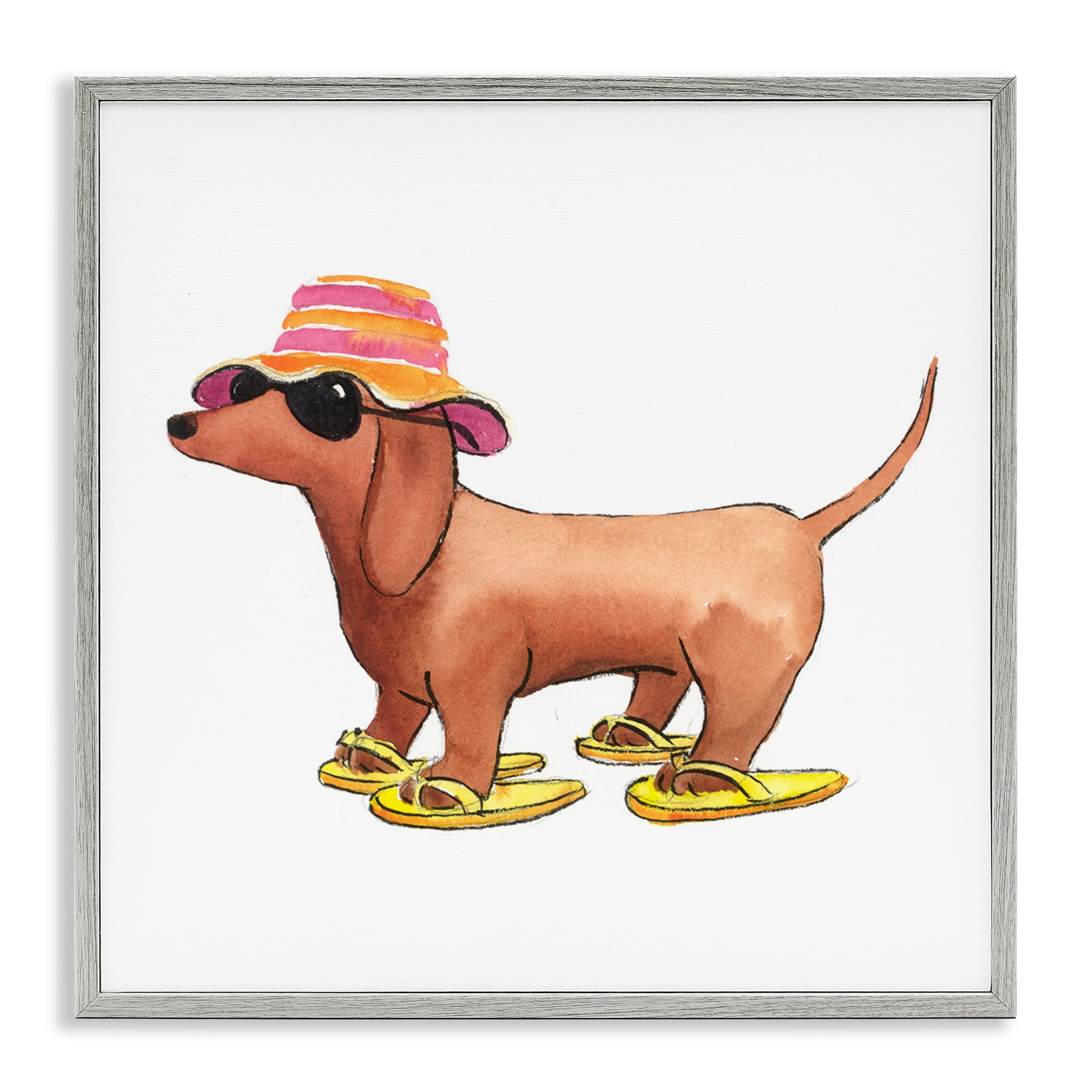 Stupell Industries Beach Dog Flip Flops Animals Painting Gray Framed Art Print Wall Art, 24 x 24