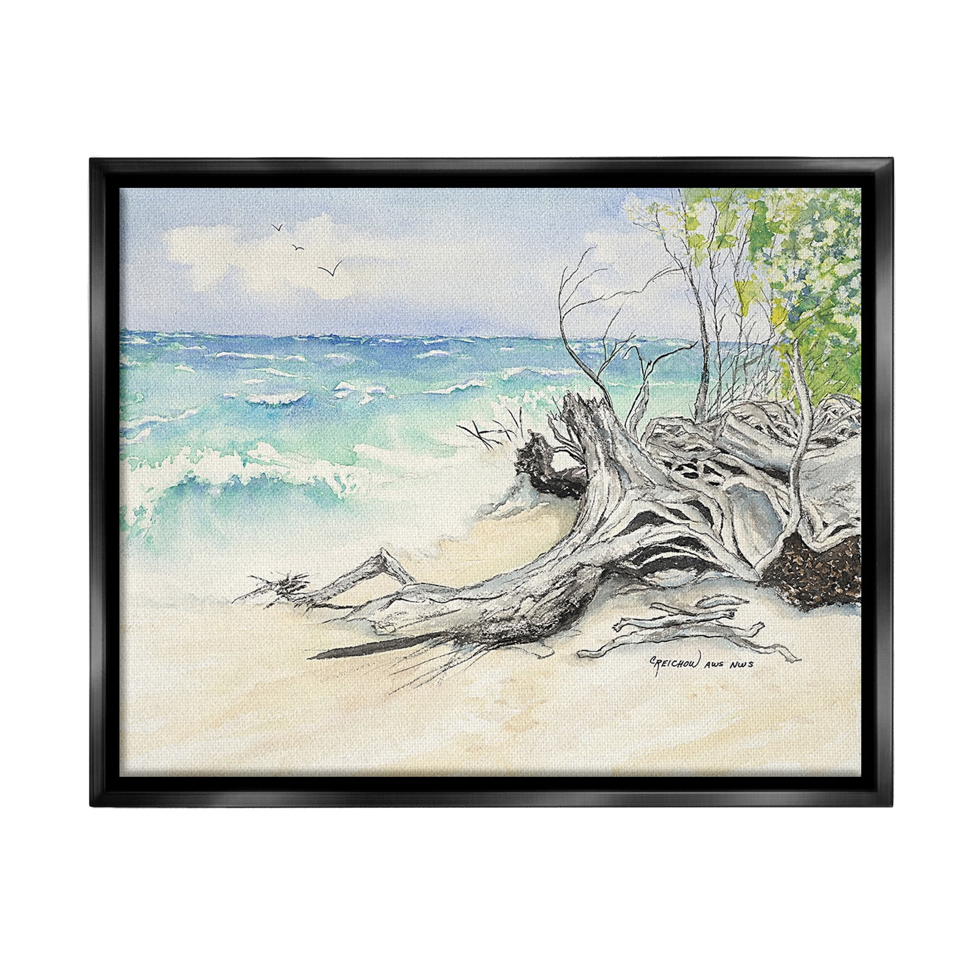 Stupell Industries Beach Driftwood Landscape Landscape Painting Black Floater Framed Canvas Art Print Wall Art, 31 x 25