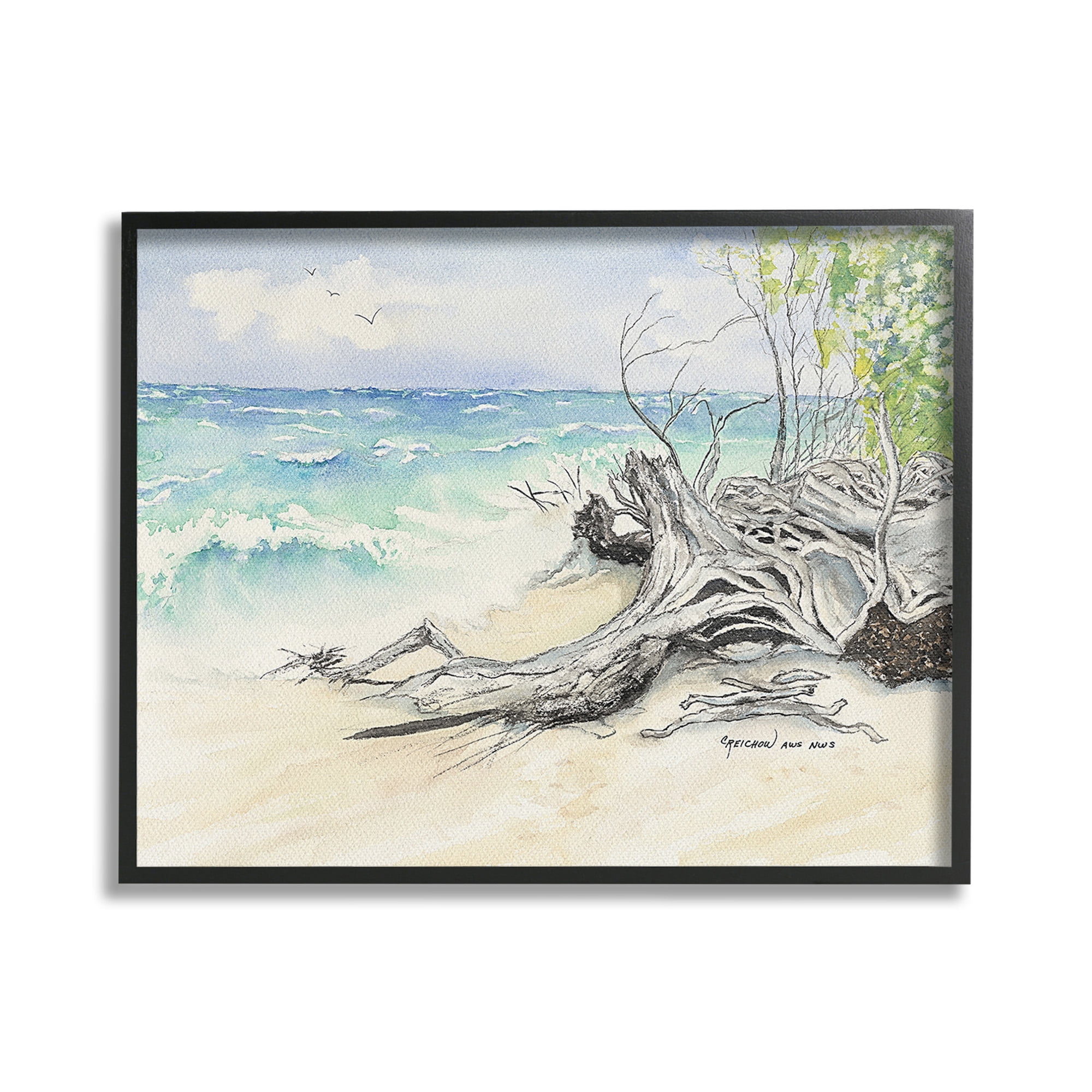Stupell Industries Beach Driftwood Landscape Landscape Painting Black Framed Art Print Wall Art, 20 x 16