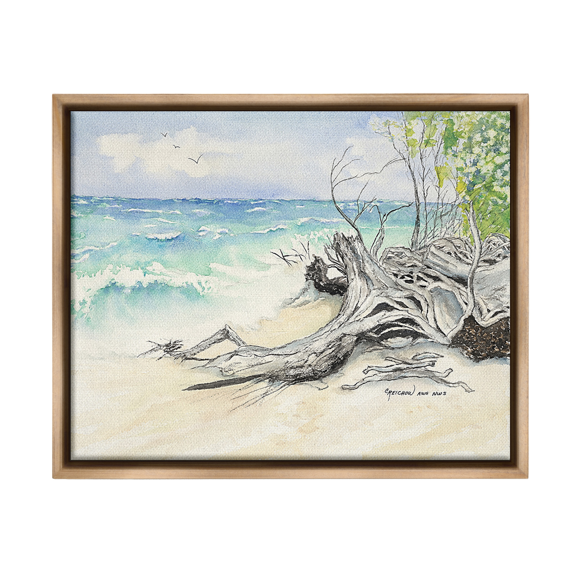 Stupell Industries Beach Driftwood Landscape Landscape Painting Brown Floater Framed Canvas Art Print Wall Art, 31 x 25