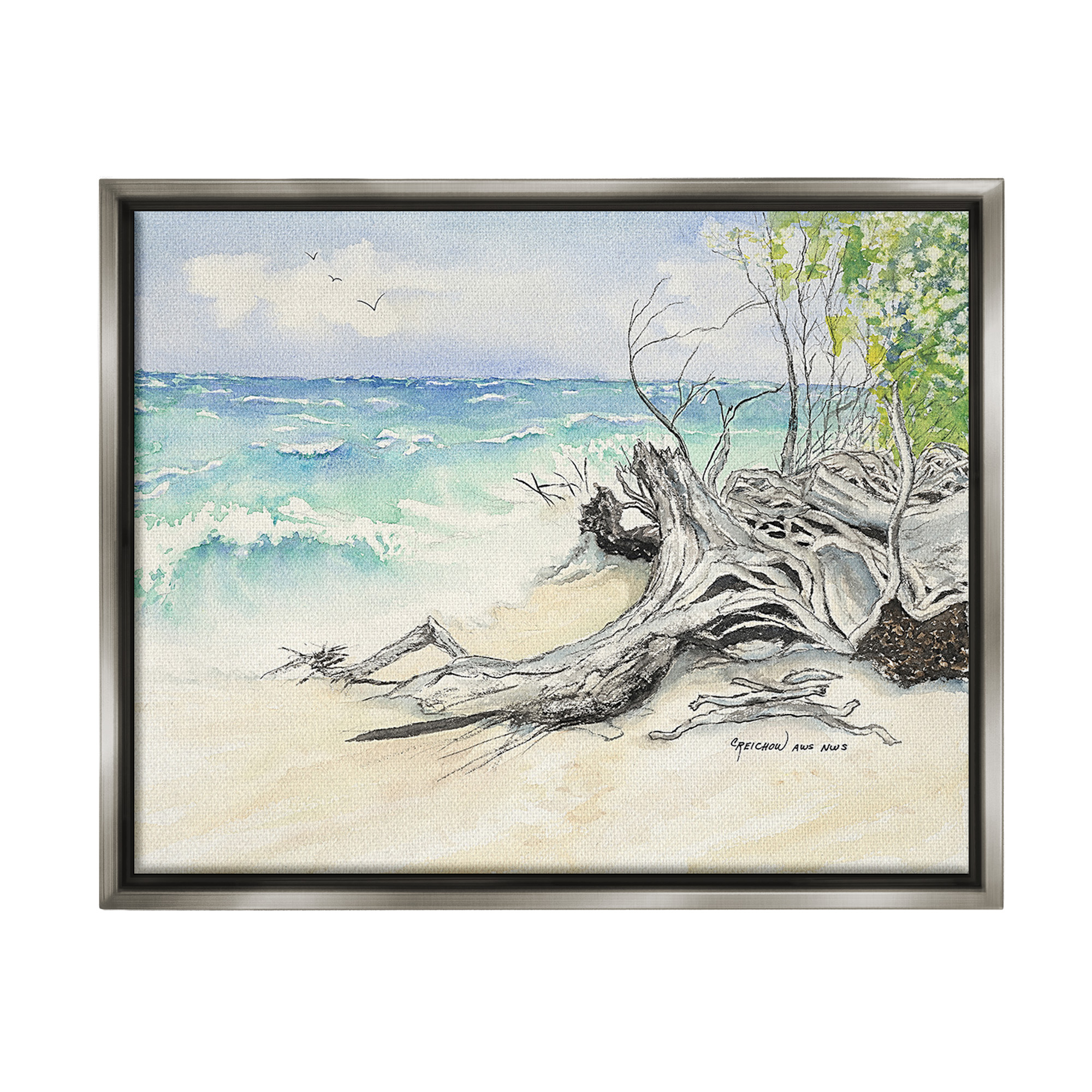 Stupell Industries Beach Driftwood Landscape Landscape Painting Gray Floater Framed Canvas Art Print Wall Art, 21 x 17