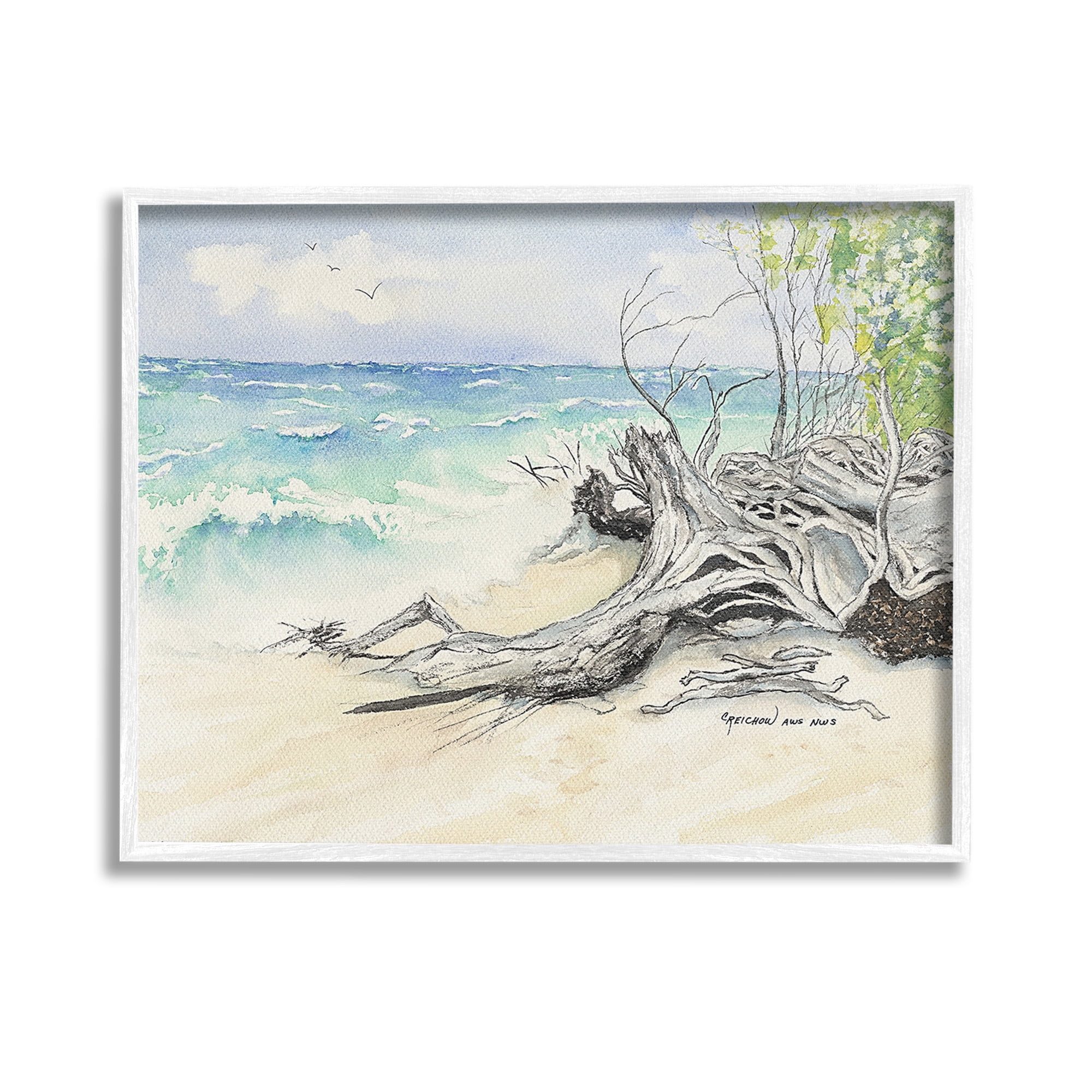 Stupell Industries Beach Driftwood Landscape Landscape Painting White Framed Art Print Wall Art, 14 x 11
