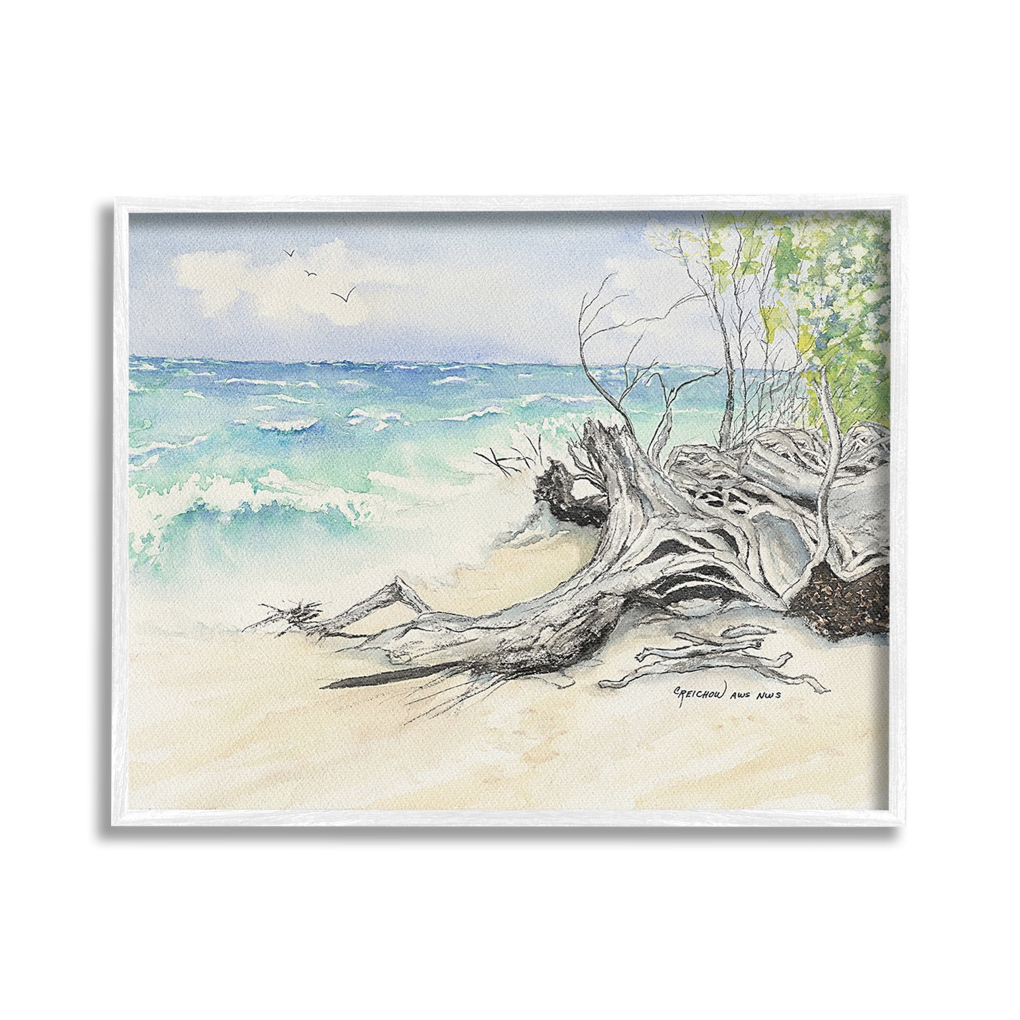 Stupell Industries Beach Driftwood Landscape Landscape Painting White Framed Art Print Wall Art, 30 x 24