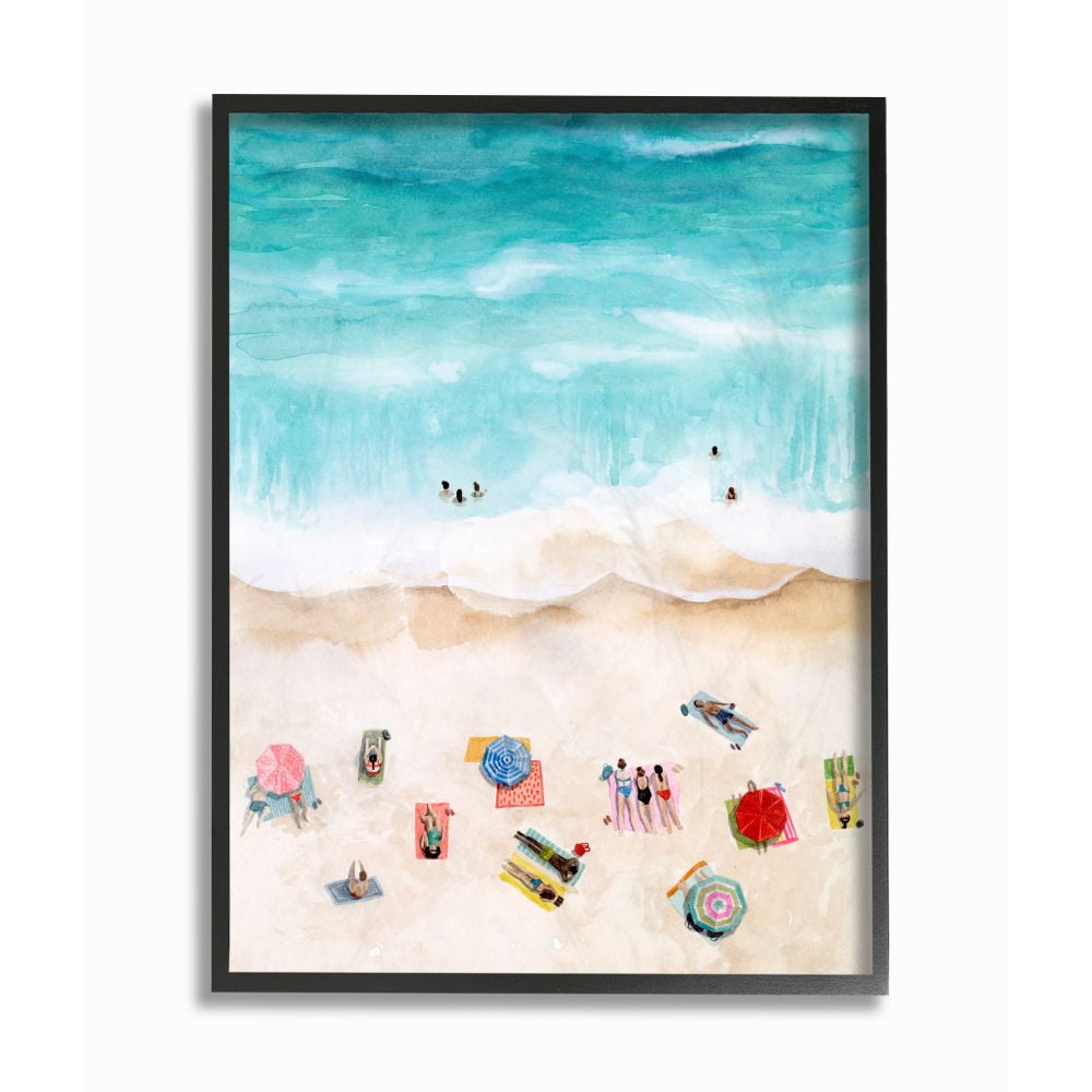 Stupell Industries Beach Family Coast Ocean Blue Watercolor Painting Framed Giclee Texturized Art by Grace Popp