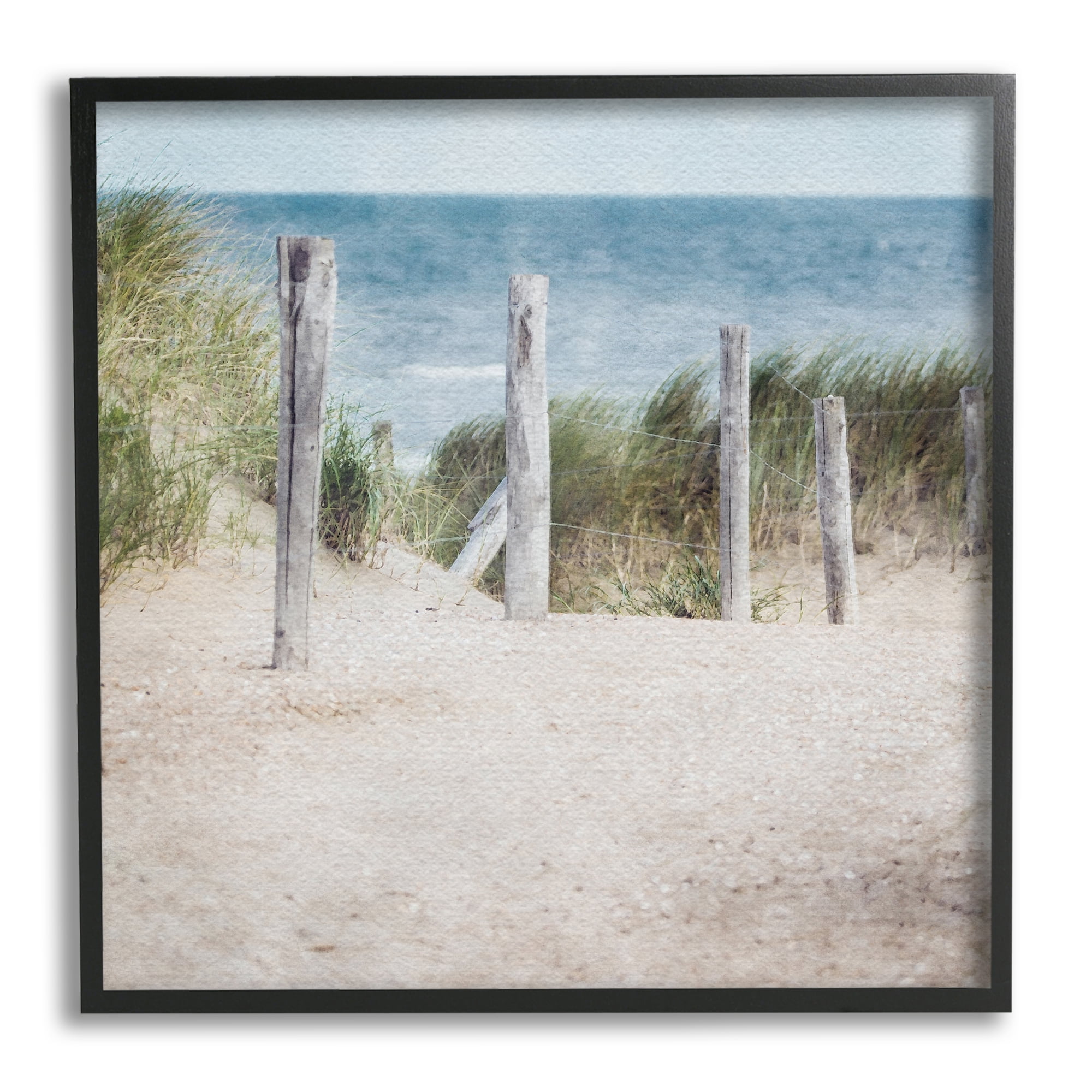 Stupell Industries Beach Fence Landscape Nature Painting Black Framed Art Print Wall Art, 24 x 24