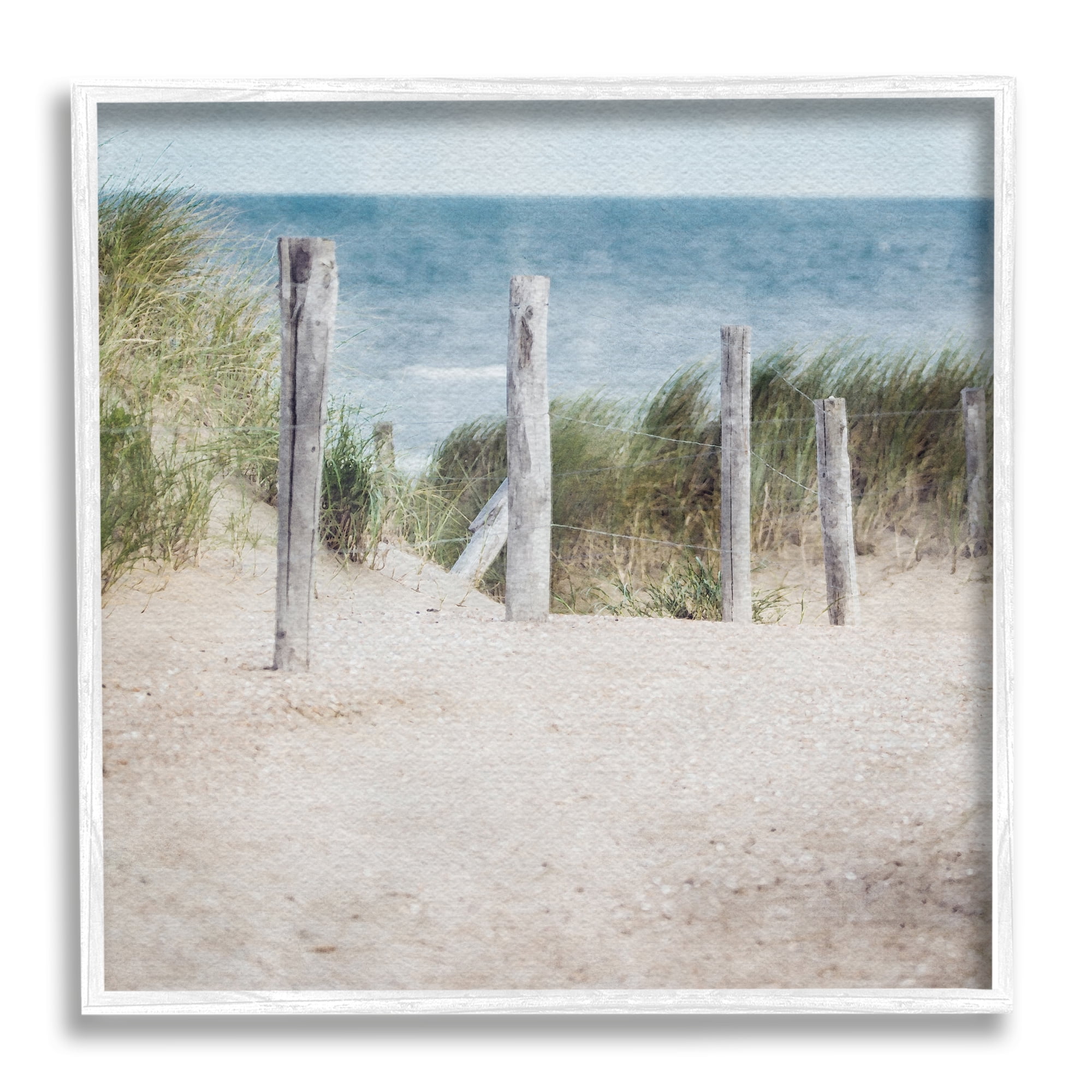Stupell Industries Beach Fence Landscape Nature Painting White Framed Art Print Wall Art, 12 x 12
