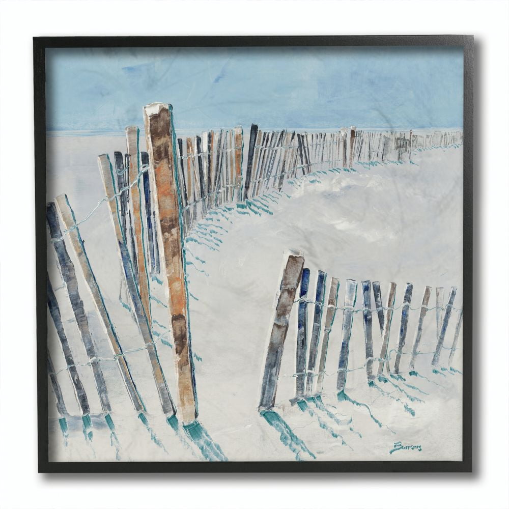 Stupell Industries Beach Fence Ocean Landscape Blue Brown Painting Framed Wall Art by Third and Wall, 12" x 12", Black Framed