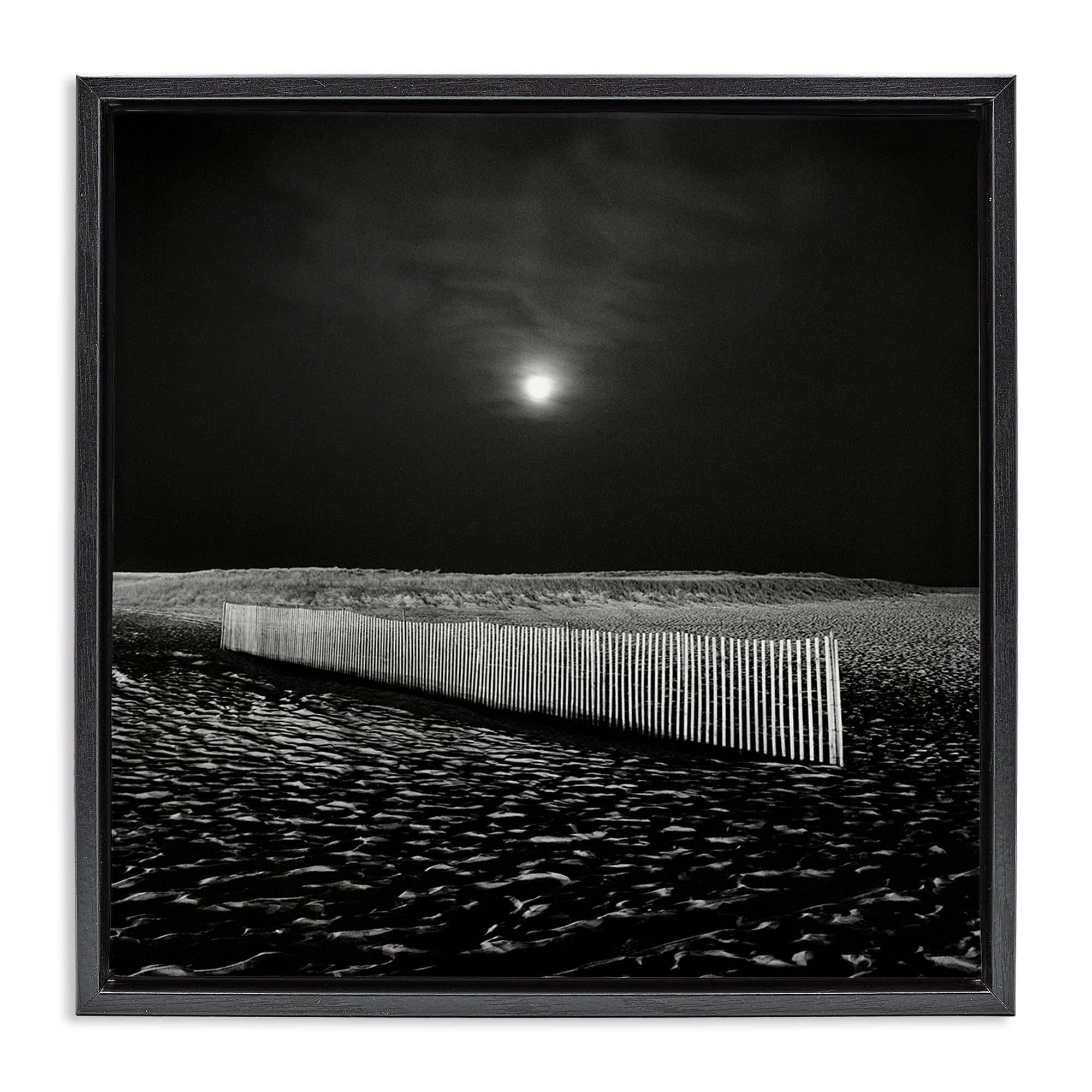 Stupell Industries Beach Fence at Night Coastal Photography Black Floater Framed Canvas Art Print Wall Art, 25 x 25