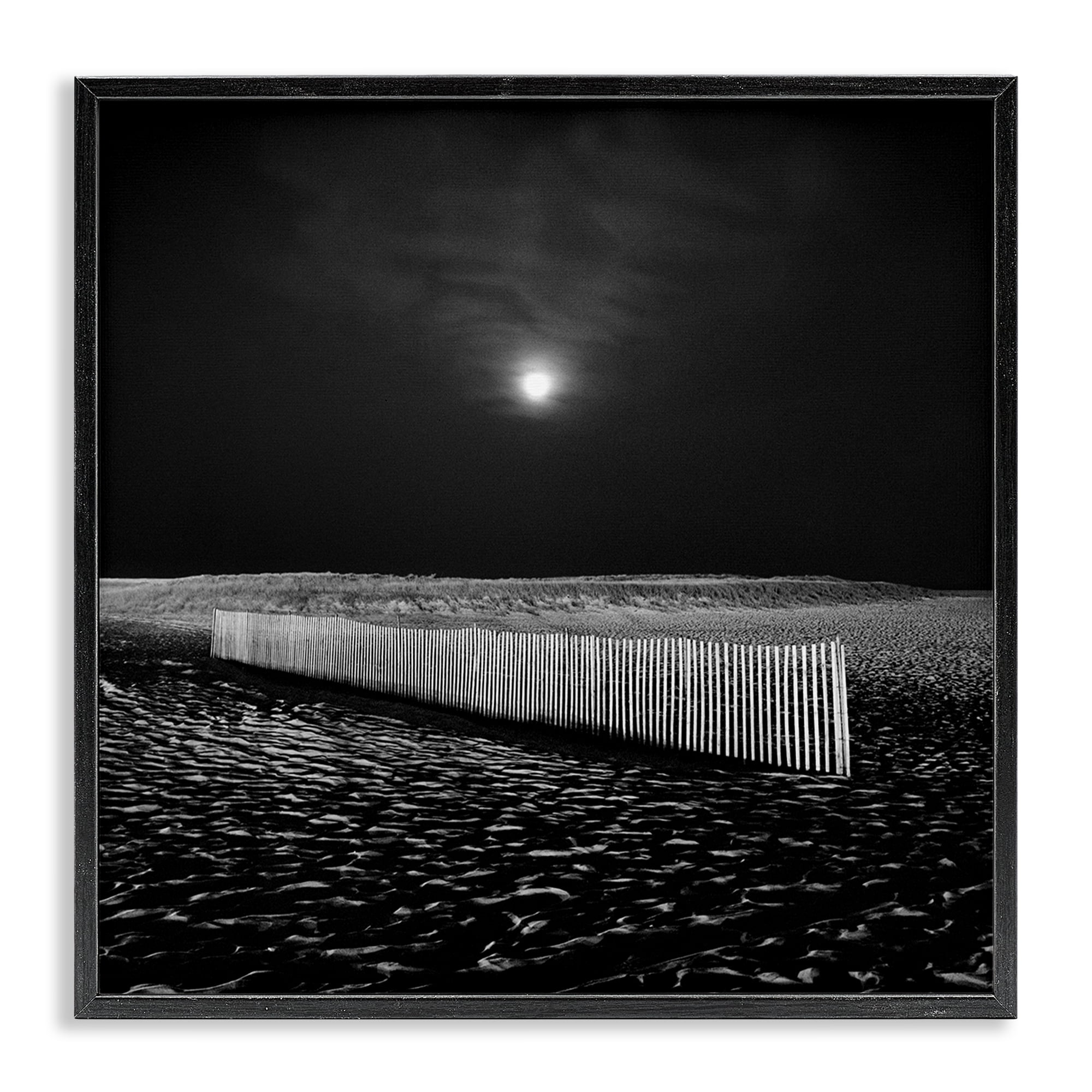 Stupell Industries Beach Fence at Night Coastal Photography Black Framed Art Print Wall Art, 17 x 17