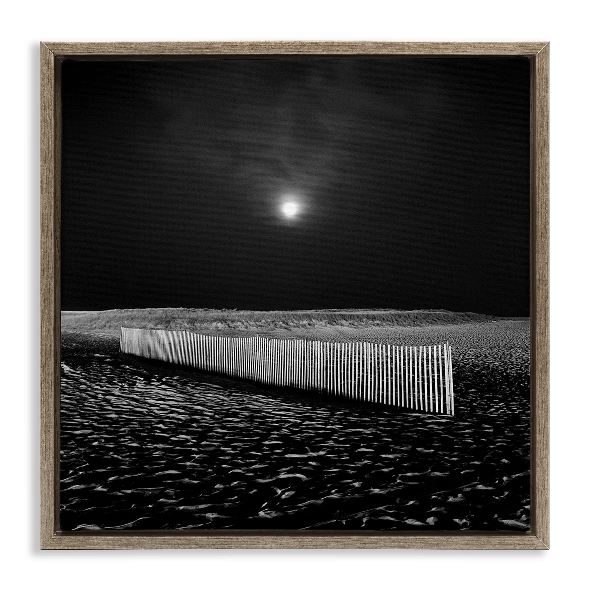 Stupell Industries Beach Fence at Night Coastal Photography Brown Floater Framed Canvas Art Print Wall Art, 18 x 18