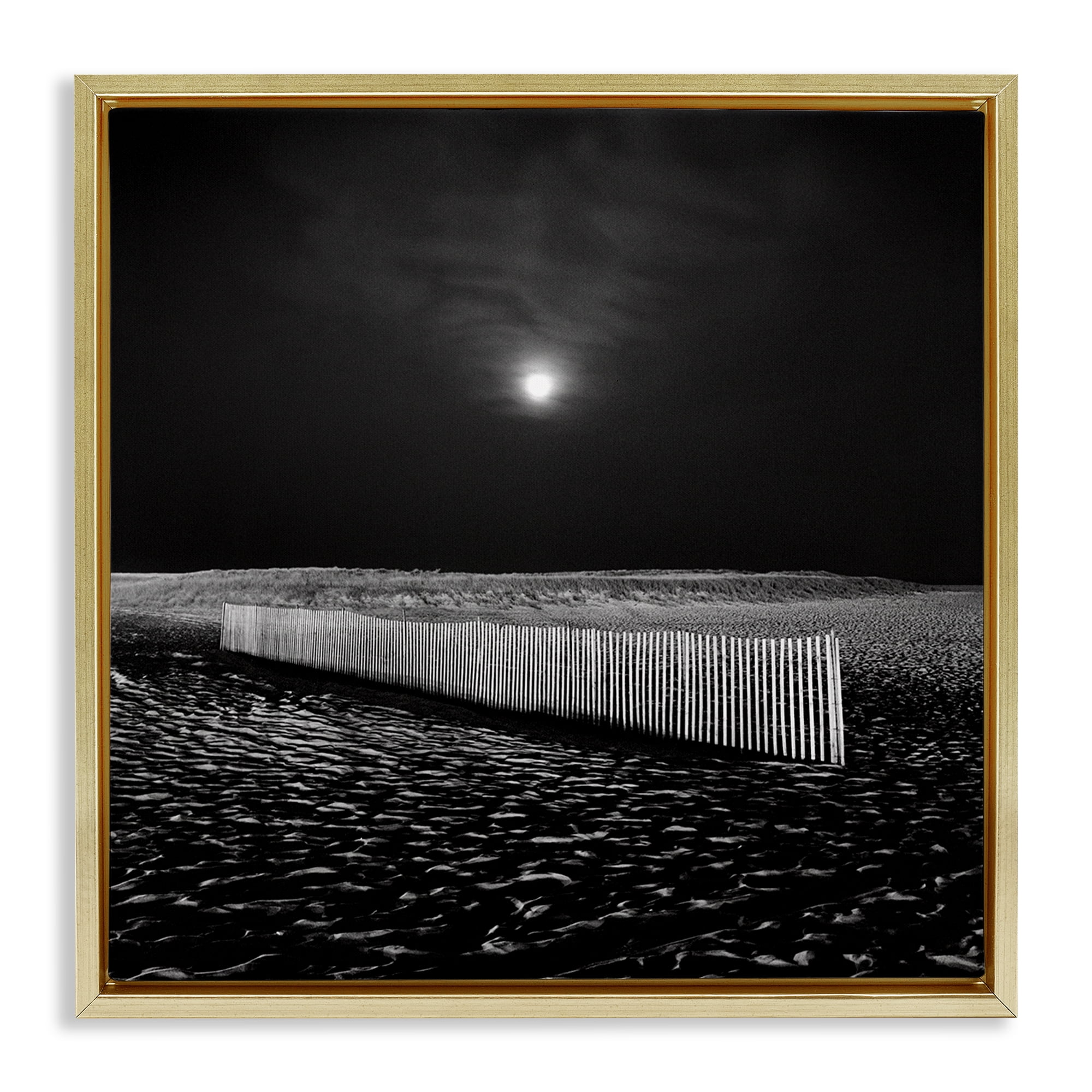 Stupell Industries Beach Fence at Night Coastal Photography Gold Floater Framed Canvas Art Print Wall Art, 25 x 25