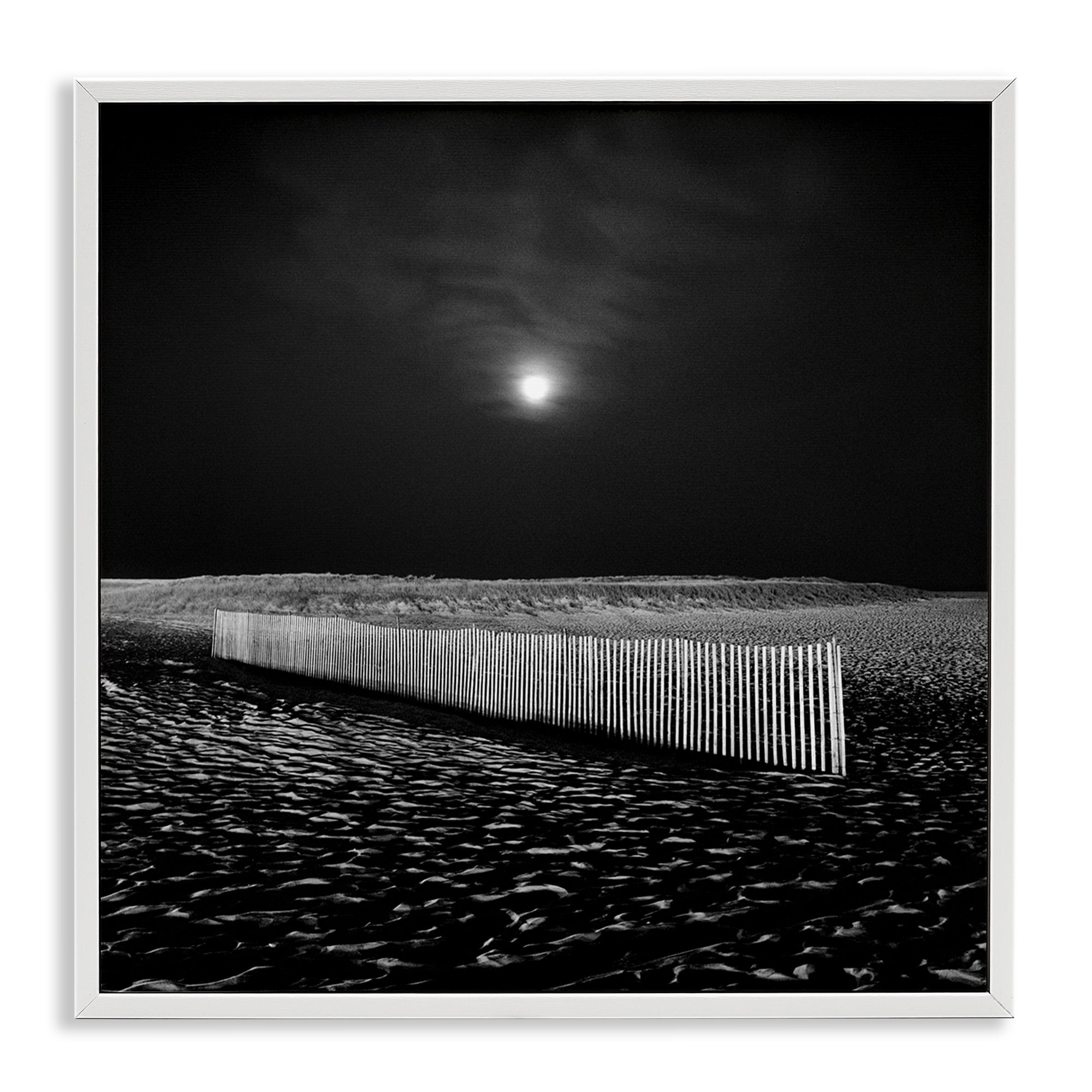 Stupell Industries Beach Fence at Night Coastal Photography White Framed Art Print Wall Art, 17 x 17