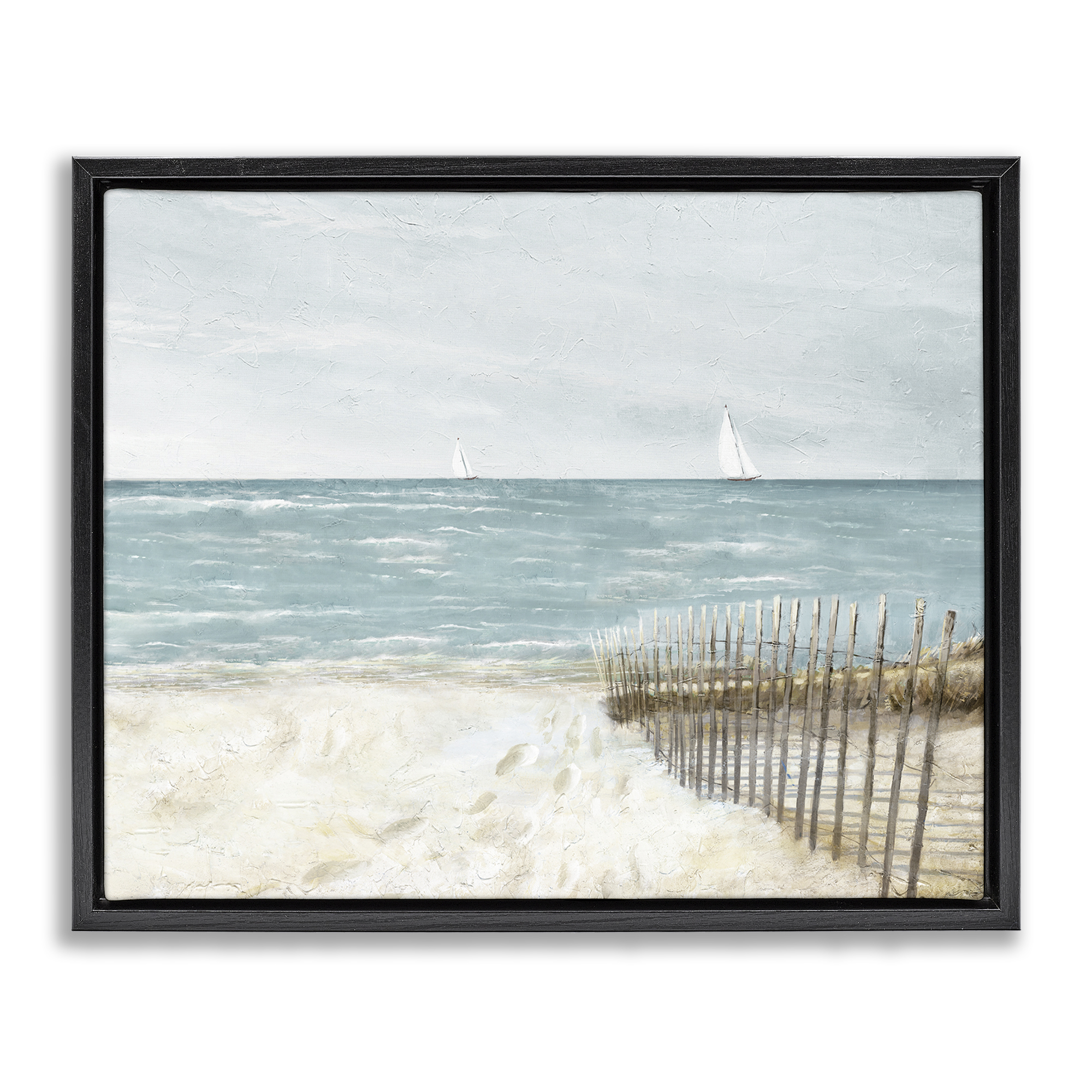 Stupell Industries Beach Footprints & Fence Nautical & Beach Painting Black Floater Framed Canvas Art Print Wall Art, 31 x 25